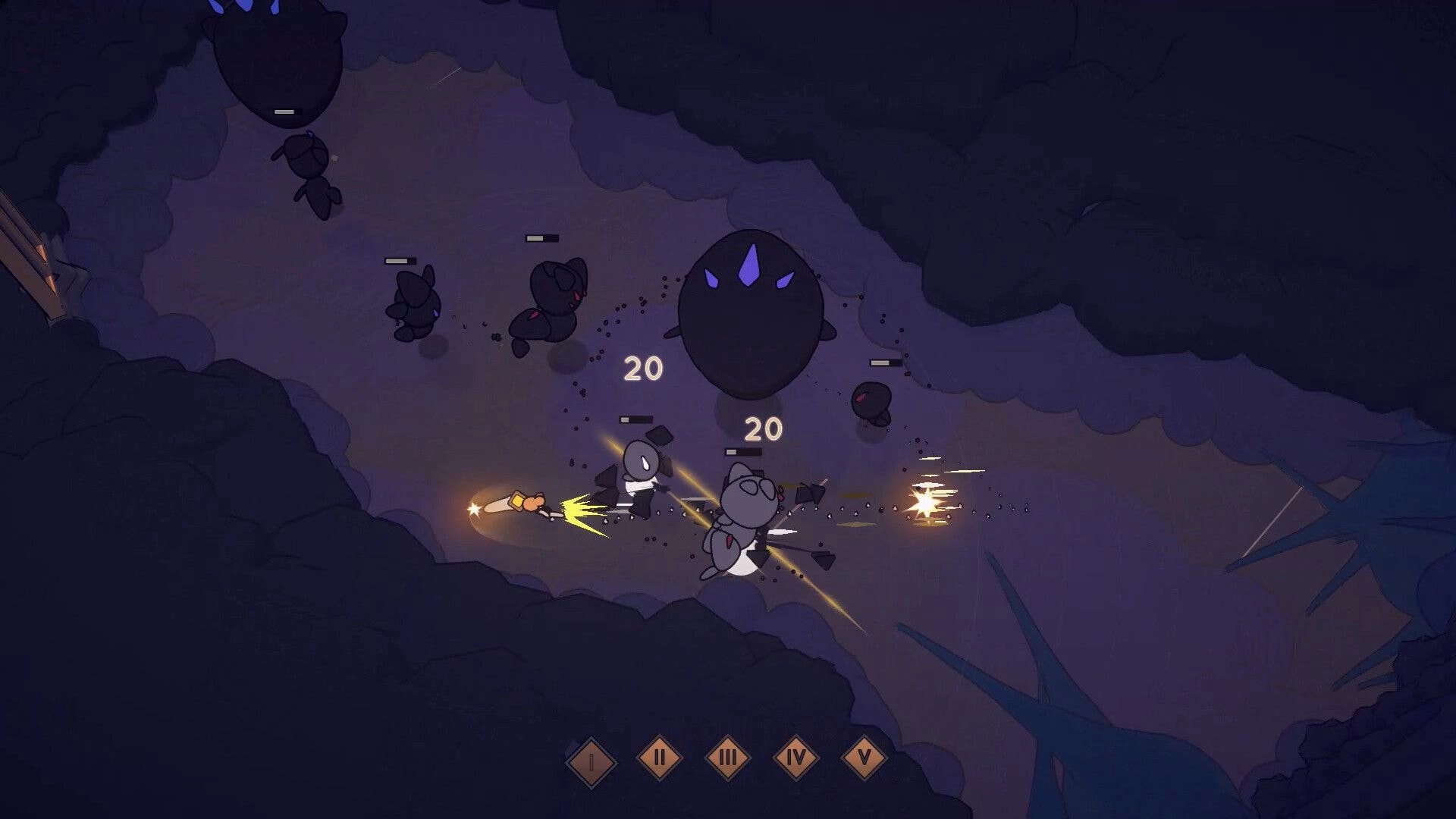 Tears Apart: Top-down combat as a masked fighter strikes shadow blobs in a dark cavern arena.