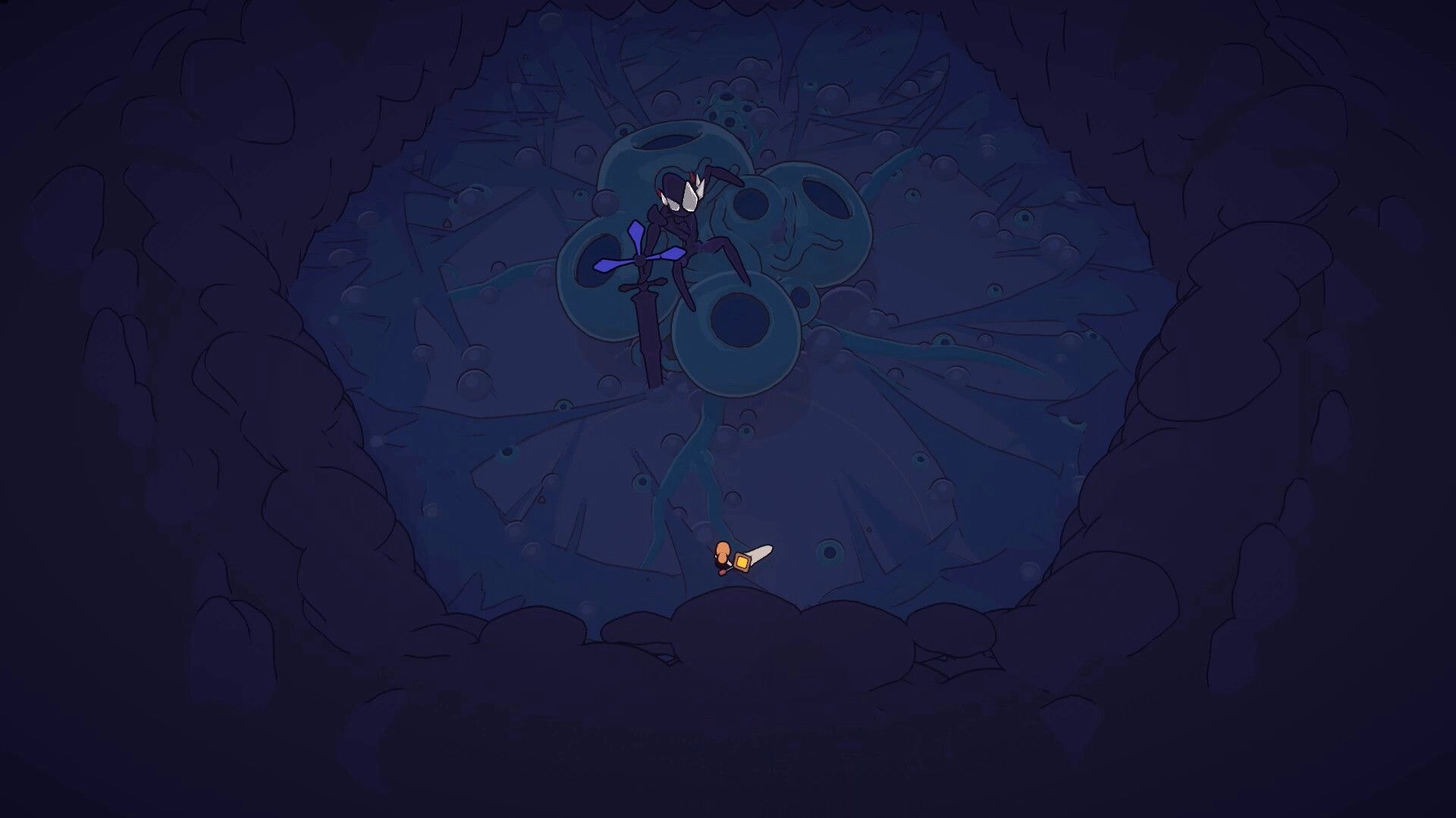 Tears Apart: Small hero faces a tall void creature in a dark crater arena with blue orbs and shards.