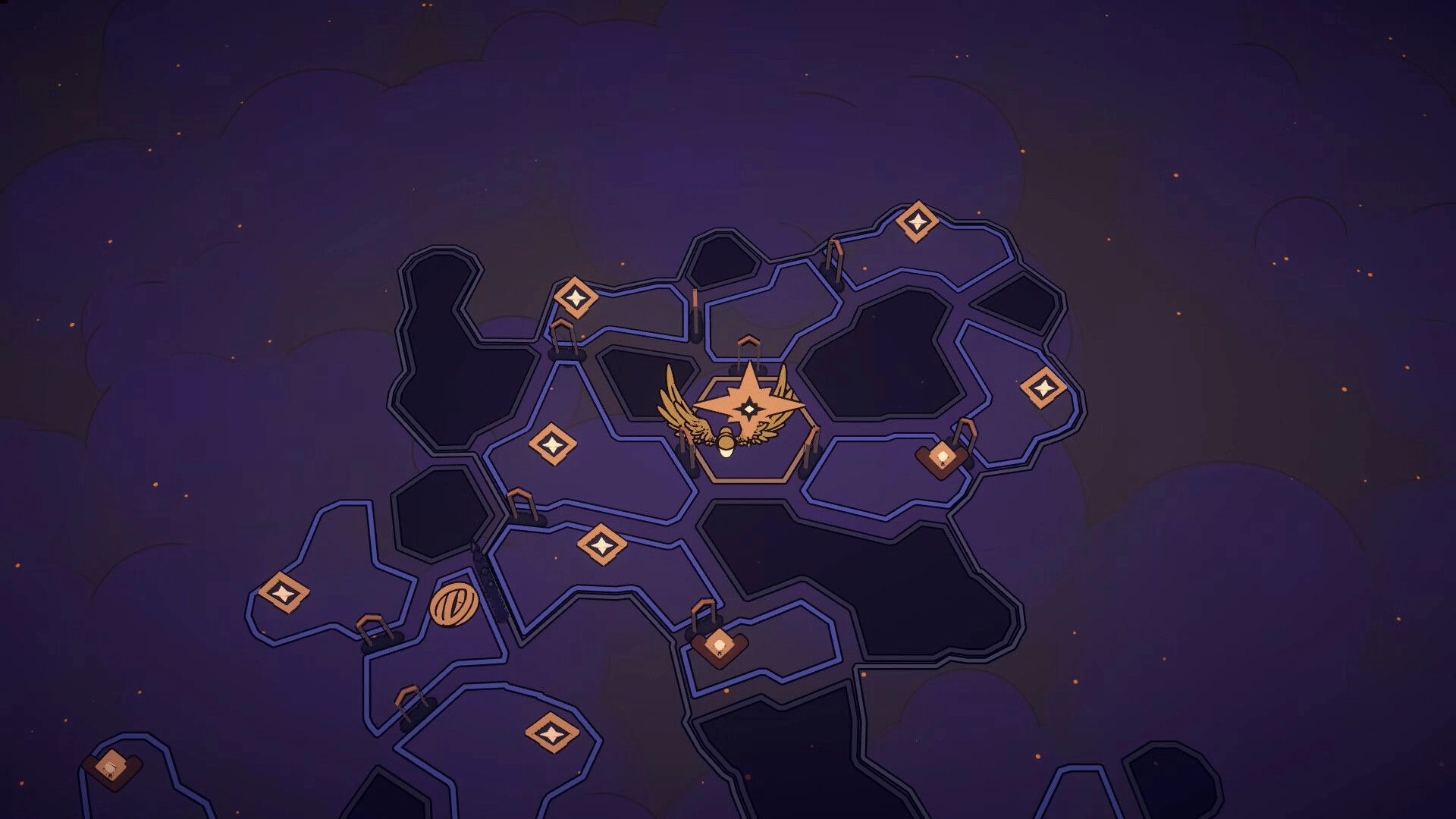 Tears Apart: Overworld map with branching nodes and winged emblem marker on a dark void backdrop.