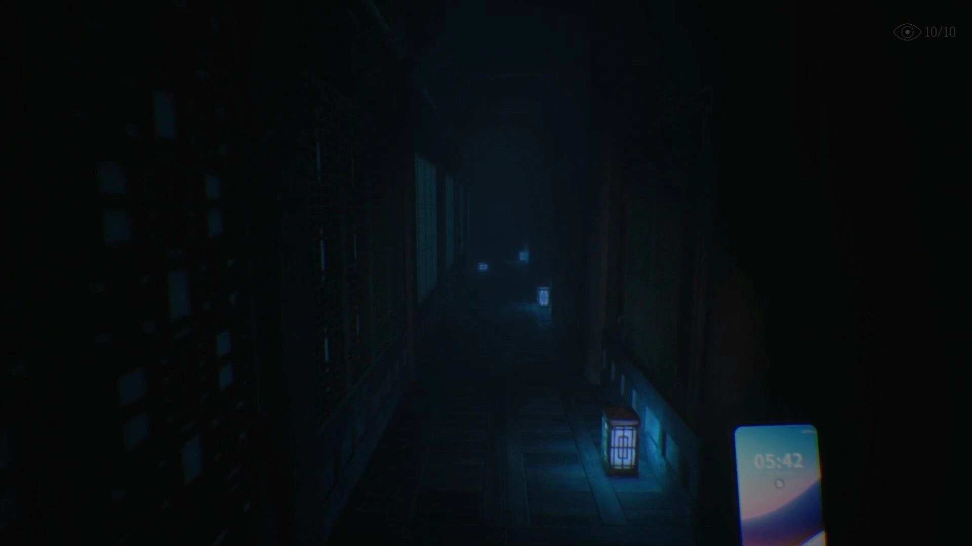 The Alley: First-person view down a dark foggy corridor lit by lanterns, phone clock UI visible.