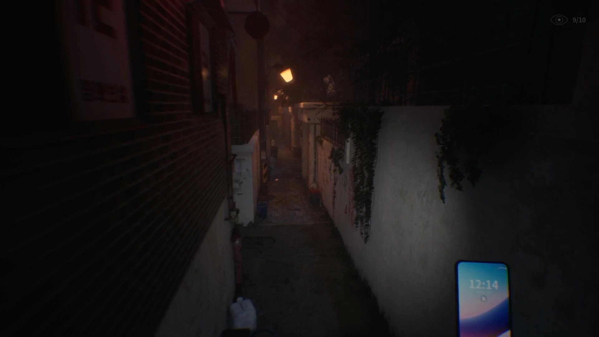 The Alley: First-person view down a dim alley with streetlights; phone clock UI reads 12:14.