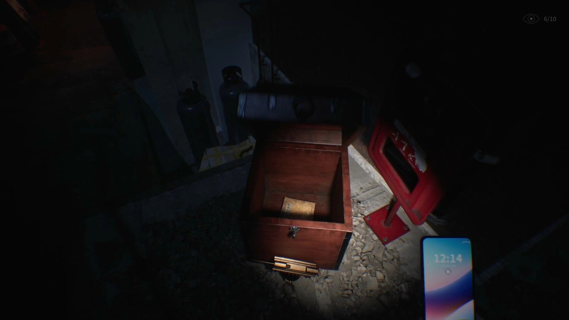 The Alley: Opening a wooden chest beside red newspaper box in dark alley, phone UI at 12:14.