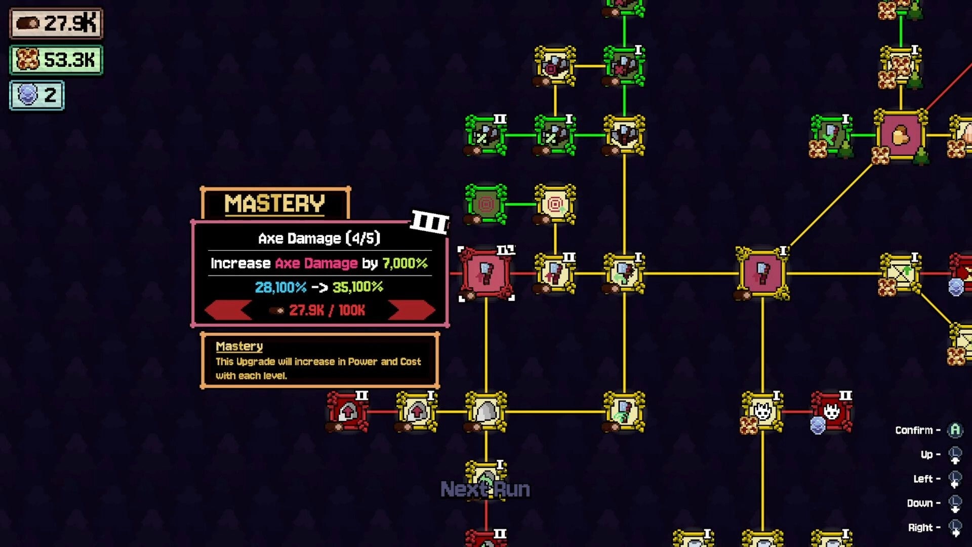 The Eternal Woods: Mastery upgrade tree highlighting Axe Damage (4/5) node on a branching skill map.