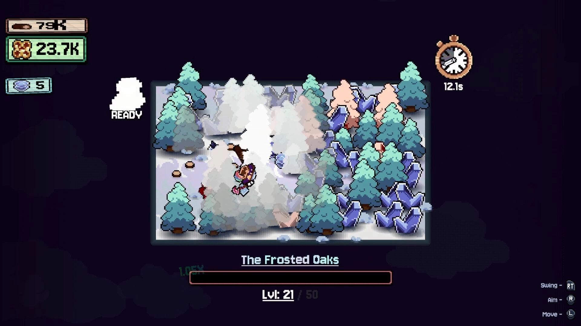 The Eternal Woods: Adventurer swings axe in snowy forest arena with resource counters and boss bar UI.