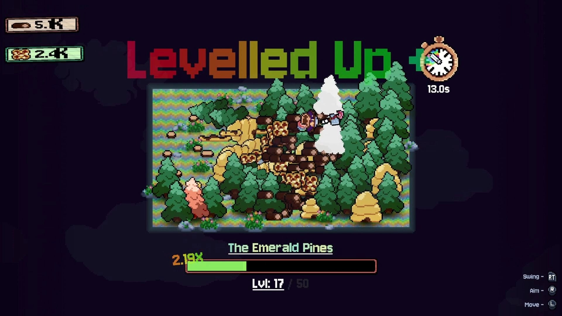 The Eternal Woods: Levelled up banner over lumberjack chopping pines in The Emerald Pines map UI.