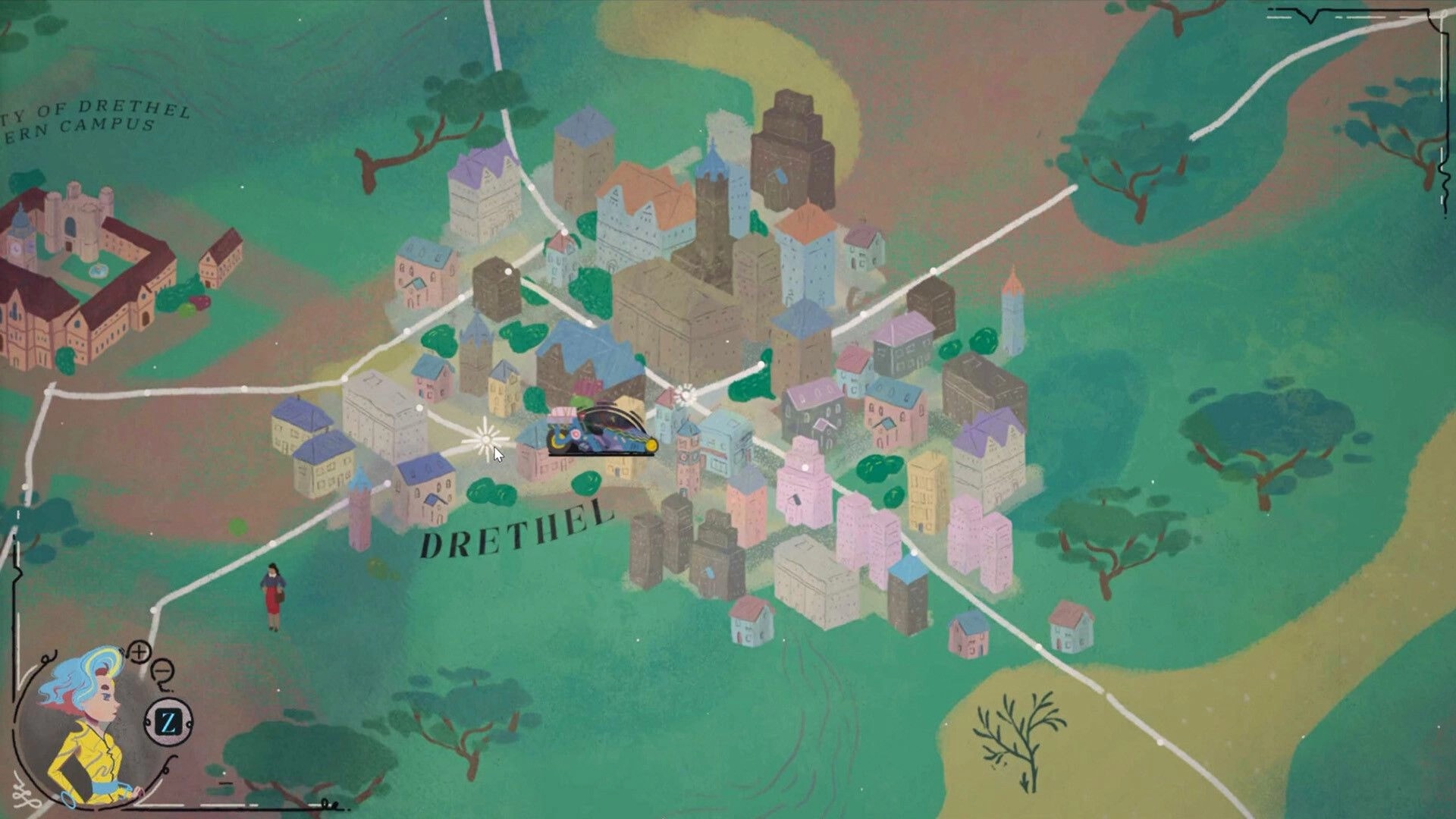 The Faraway King: Overworld map view with car marker in Drethel city, roads and buildings illustrated.