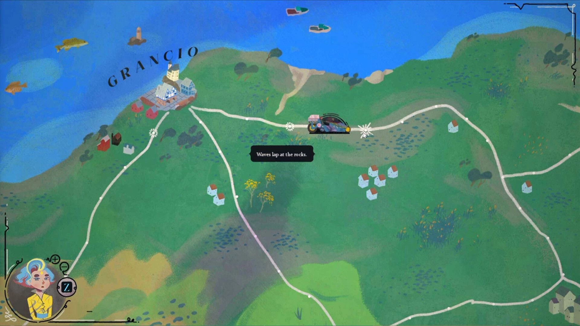 The Faraway King: Overworld map travel with van icon on roads near Grancio coastline and villages.