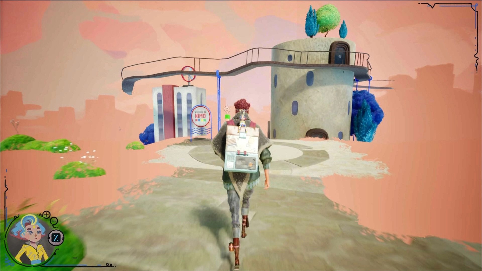 The Faraway King: Third-person character walking toward a round tower in pastel city, Z icon HUD.