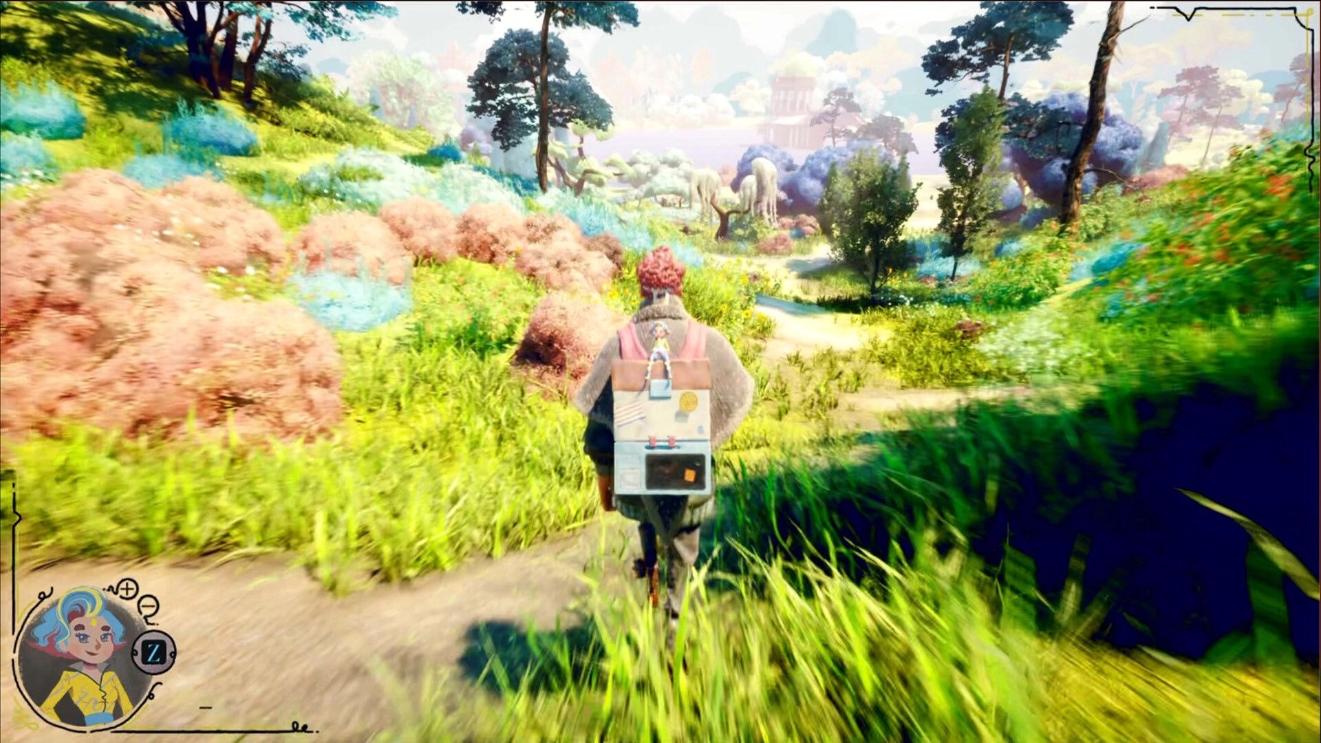 The Faraway King: Third-person walking along winding path through bright meadow, Zxtabella portrait UI.
