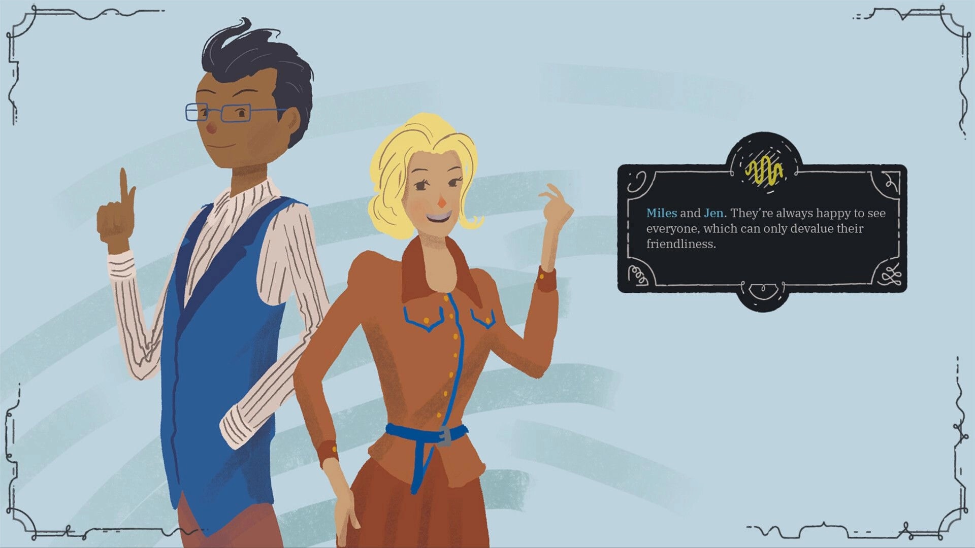 The Faraway King: Dialogue card introduces Miles and Jen beside two smiling character portraits.