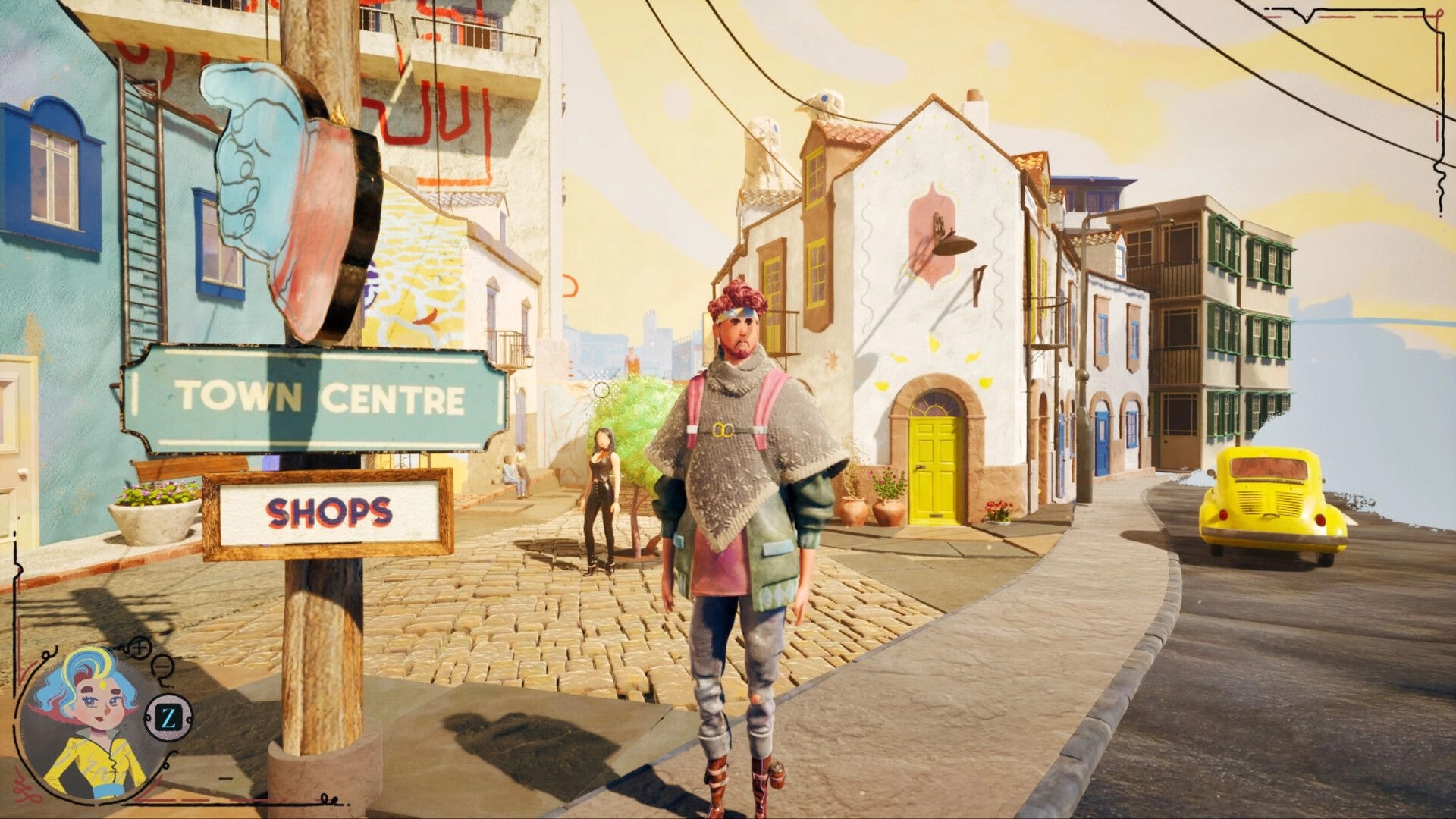 The Faraway King: J.D. stands by Town Centre and Shops sign on a sunny coastal street with UI portrait.