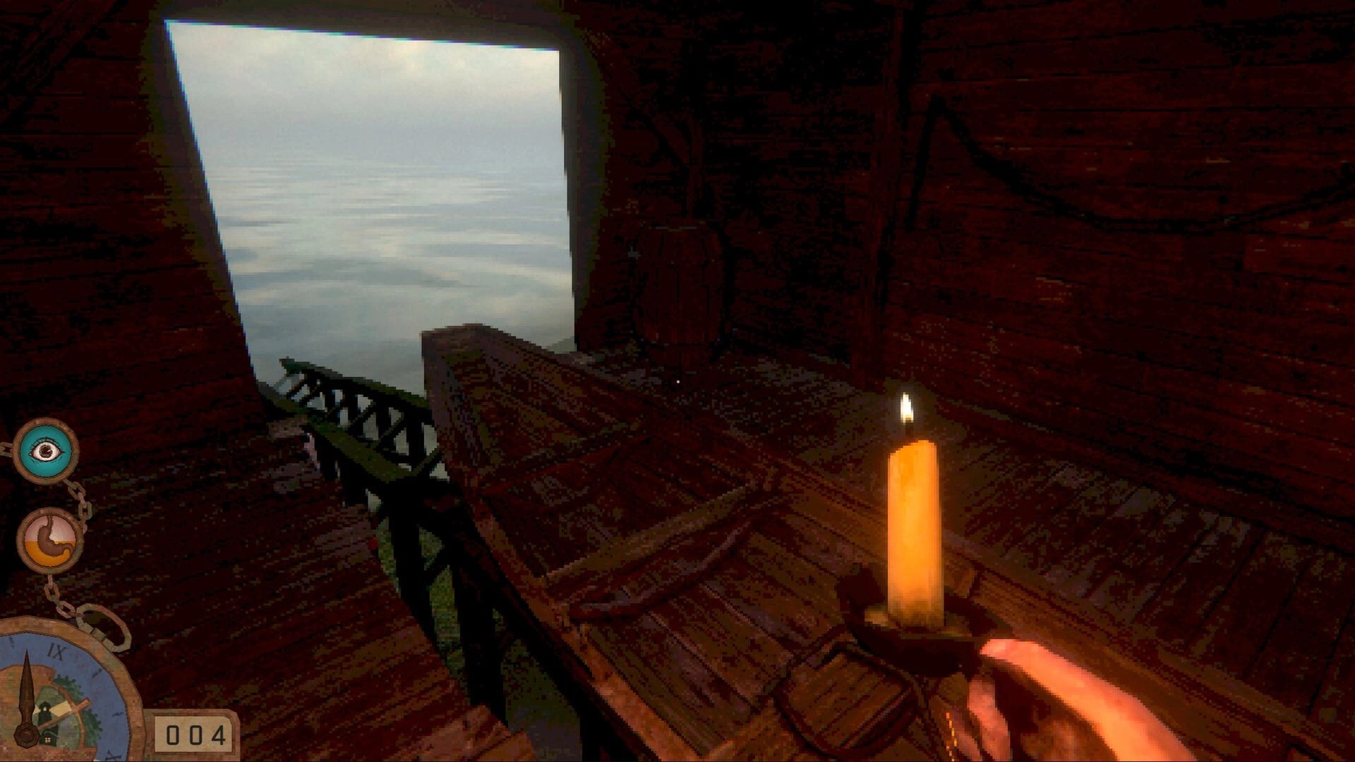 The last keeper: Holding a candle inside a dark wooden room overlooking a foggy sea through an open door
