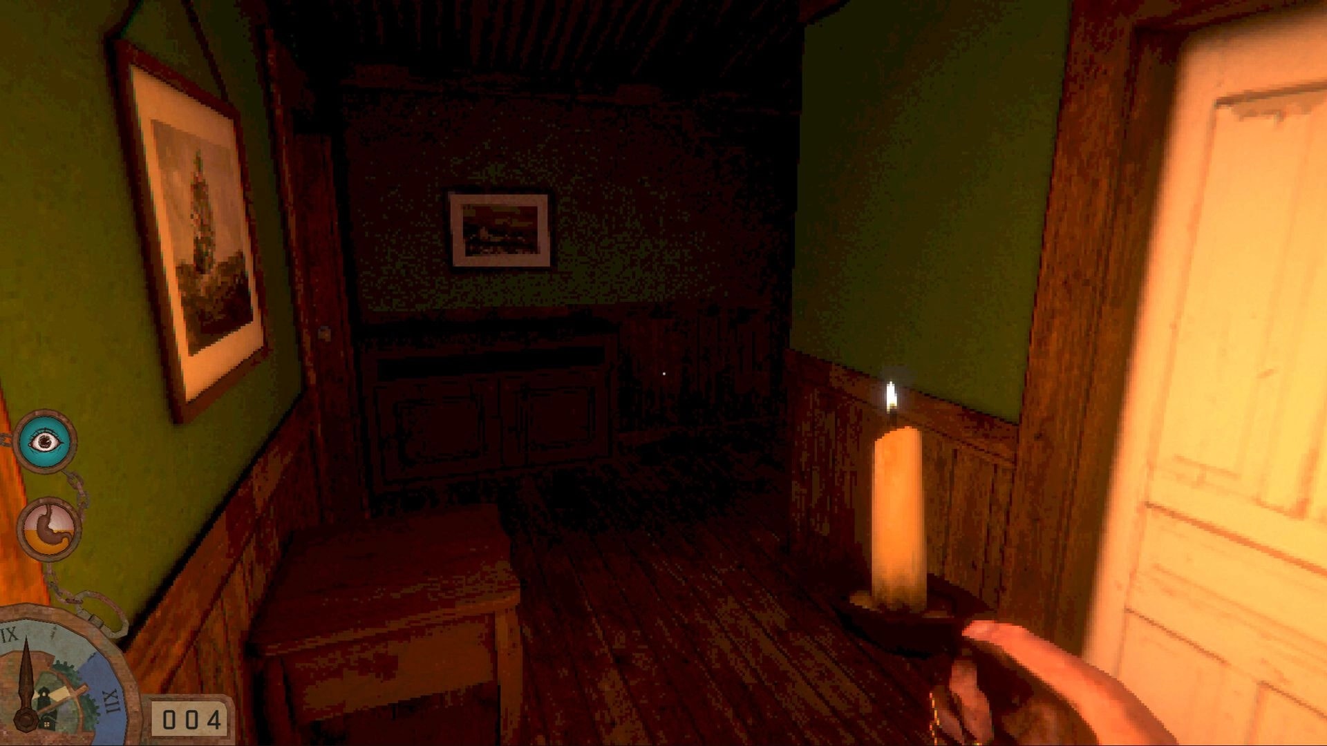 The last keeper: Candlelit corridor exploration with UI showing eye and clock icons on the left.