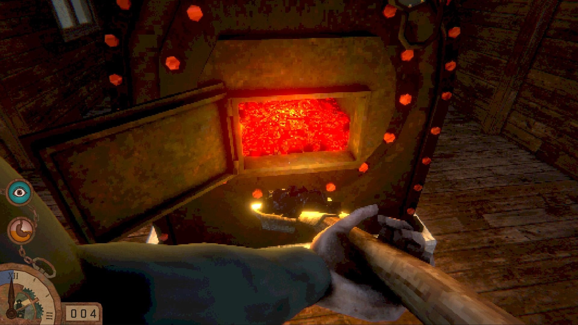 The last keeper: Player adds coal to furnace in dimly lit room, UI shows health and time indicators.