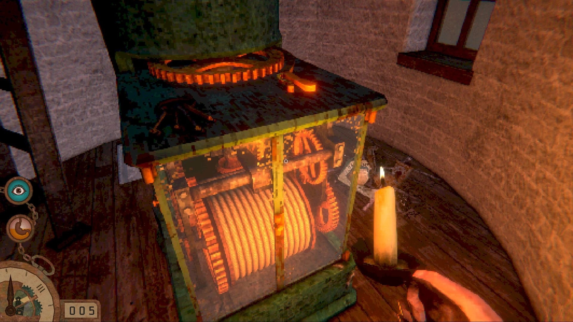 The last keeper: Player holds candle near glowing gear mechanism inside dimly lit lighthouse interior