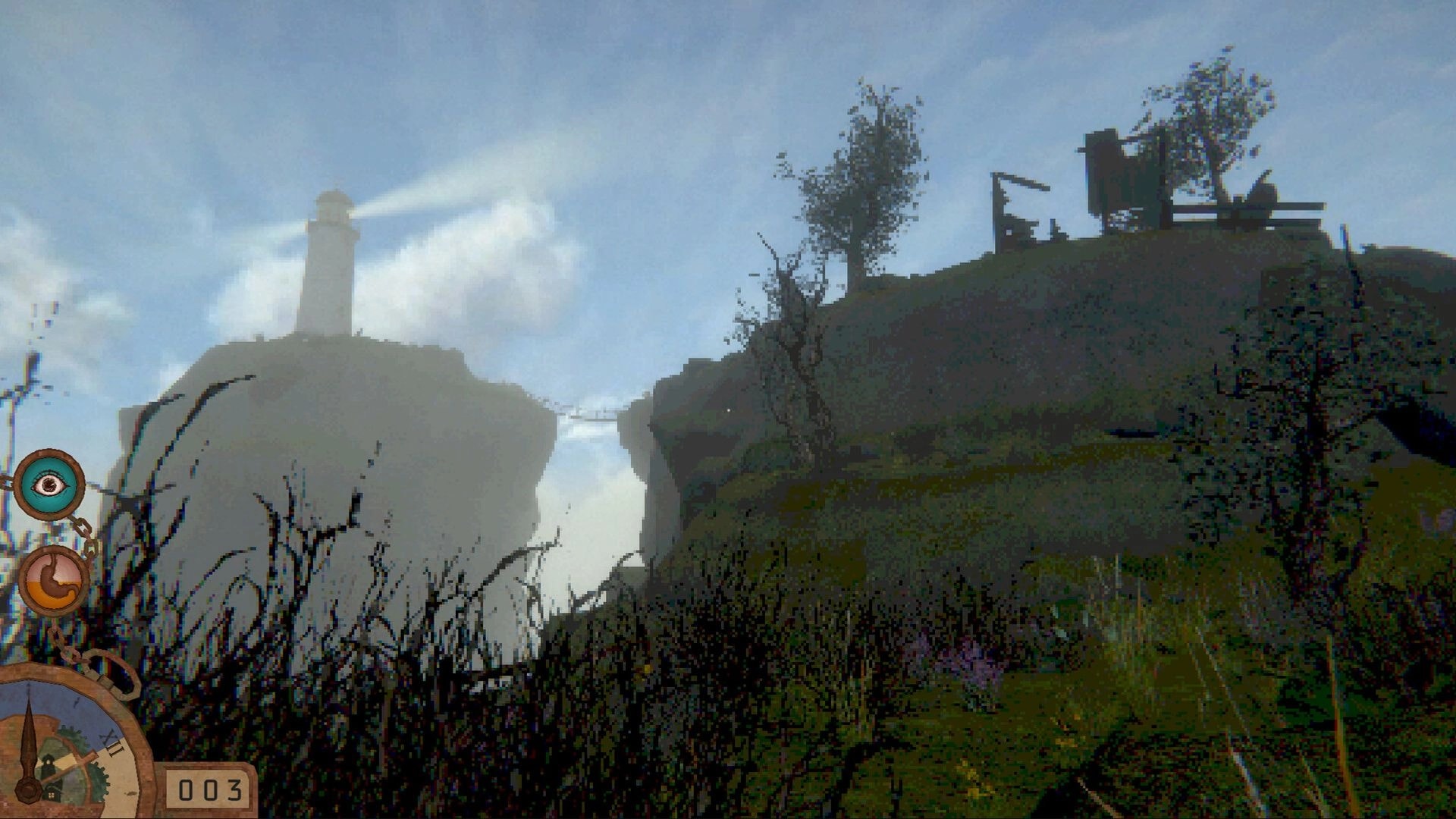 The last keeper: Lighthouse beam sweeps misty cliffs, UI with compass and eye symbol on screen