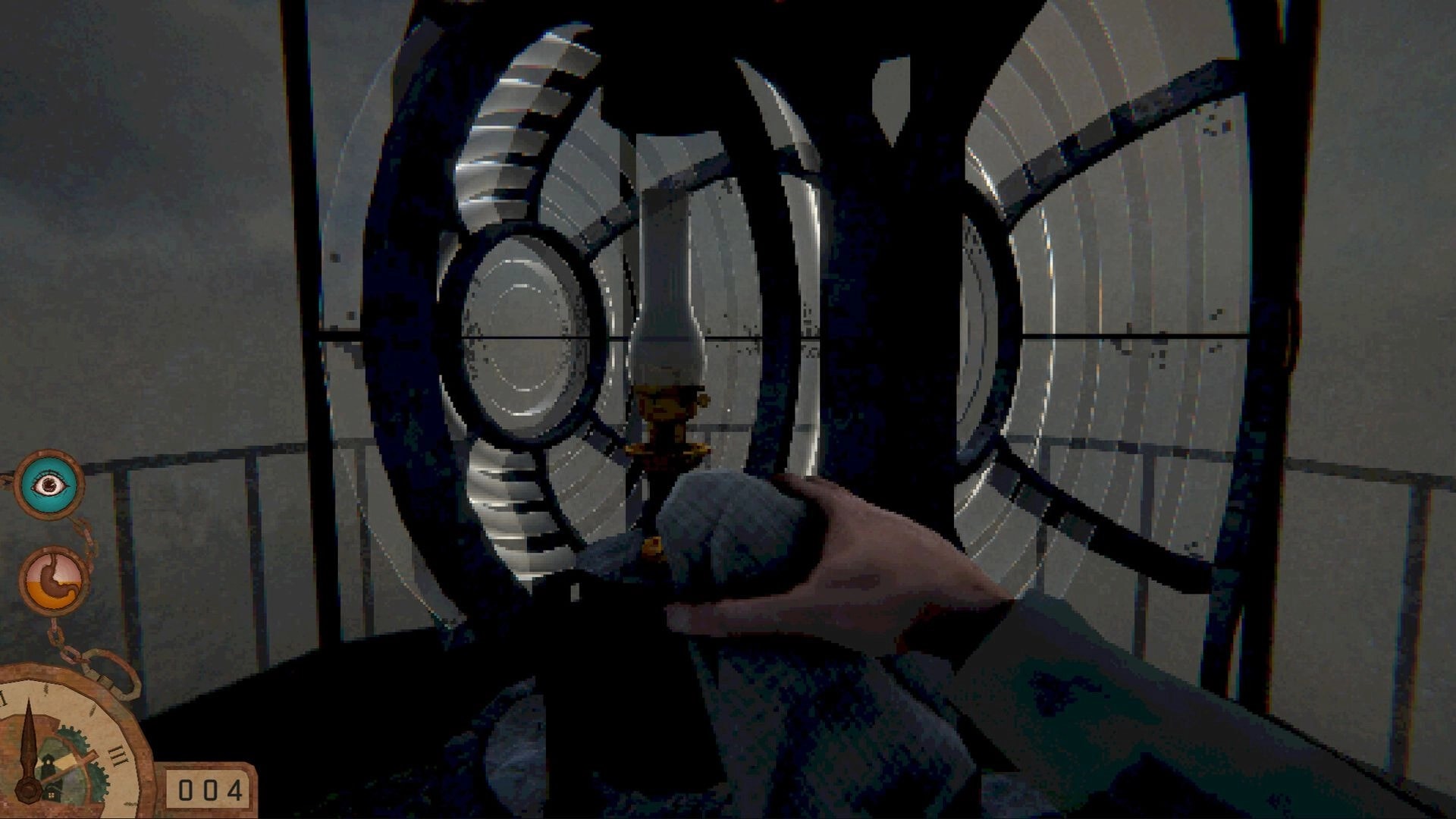The last keeper: Cleaning lighthouse lens with hand in dark, eerie lighthouse interior, UI visible left