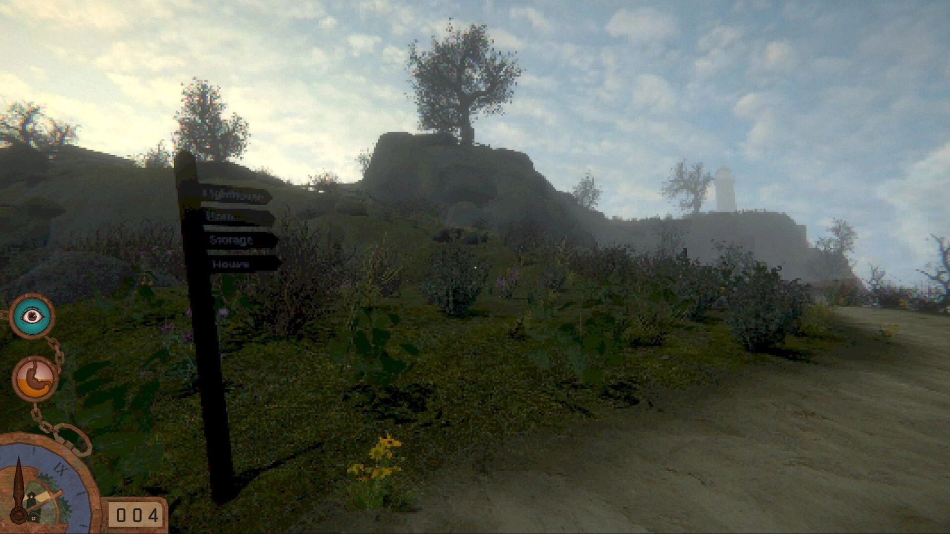 The last keeper: Pathway with signpost pointing to various locations, lighthouse visible in the distance.