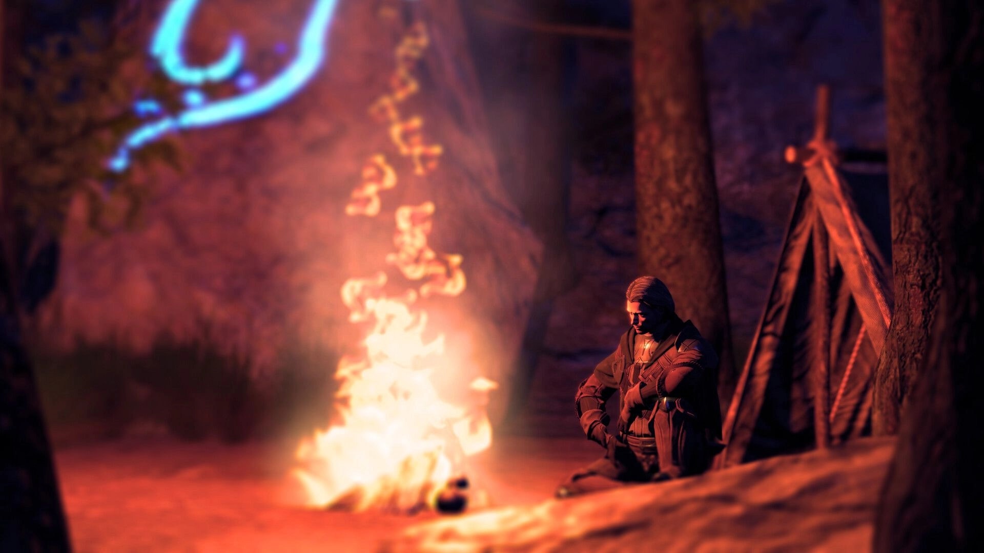 The Longest Tale: Lone hero by campfire in forest at night, with glowing runes illuminating surroundings.