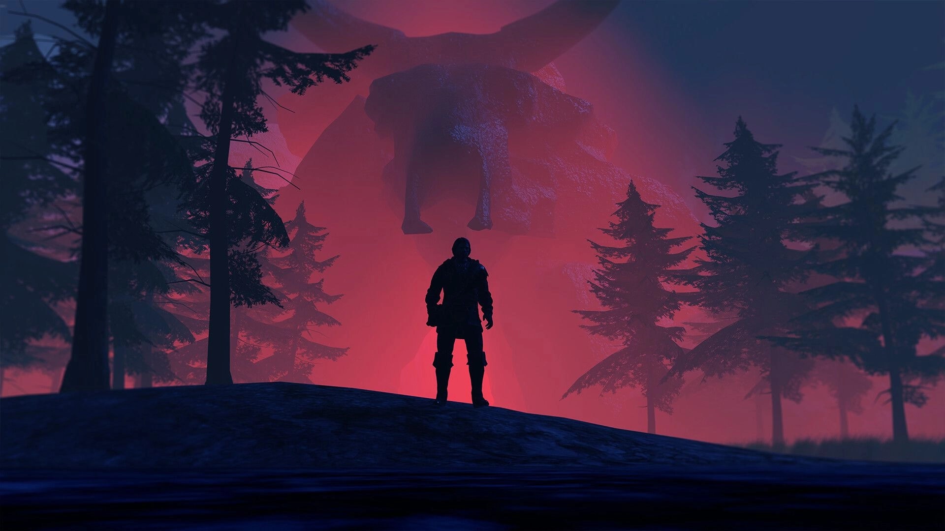 The Longest Tale: Lone hero stands before giant creature silhouette in eerie forest landscape
