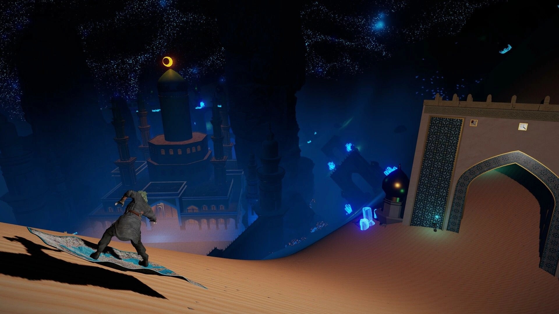 The Longest Tale: Hero rides magic carpet over desert towards illuminated palace under starry sky