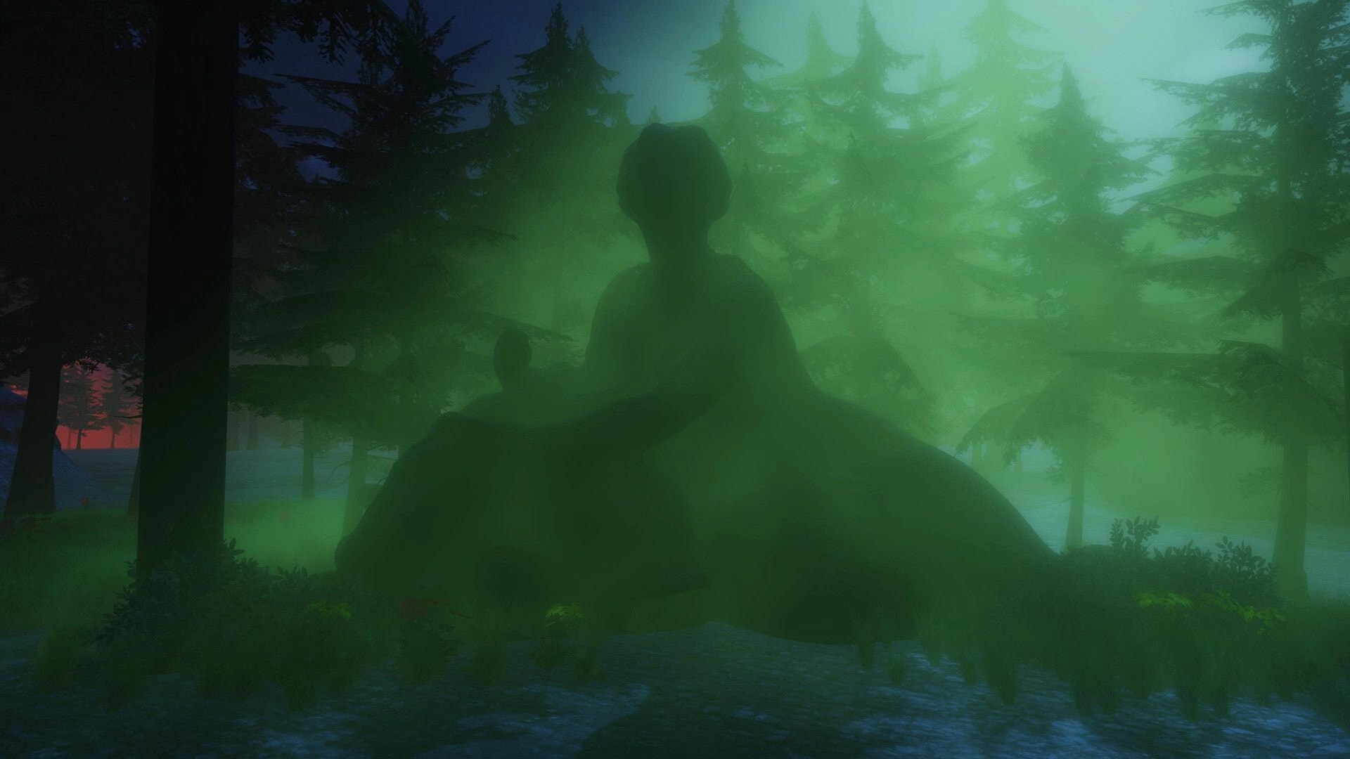 The Longest Tale: Silhouette of a giant statue in a misty forest during twilight.