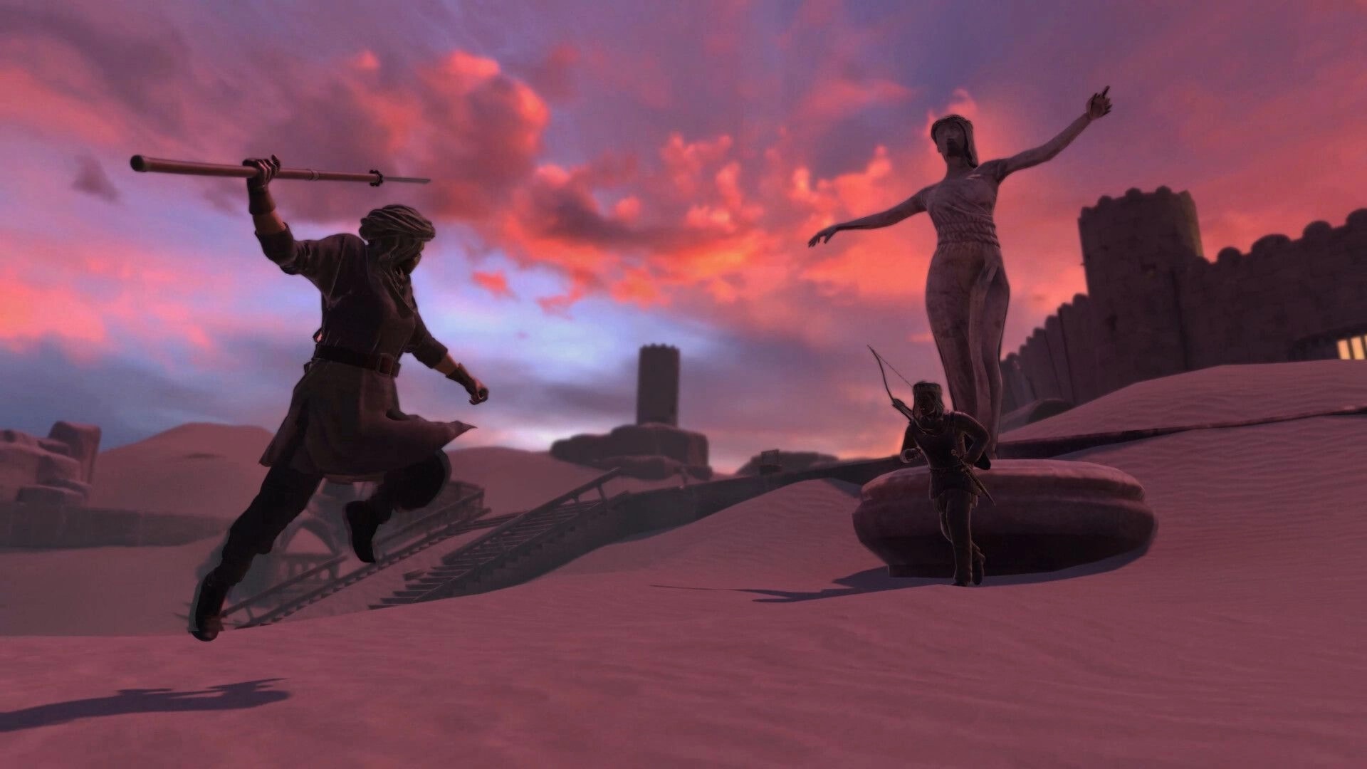 The Longest Tale: Hero leaping with spear near ancient statue in a desert under a vibrant sunset sky