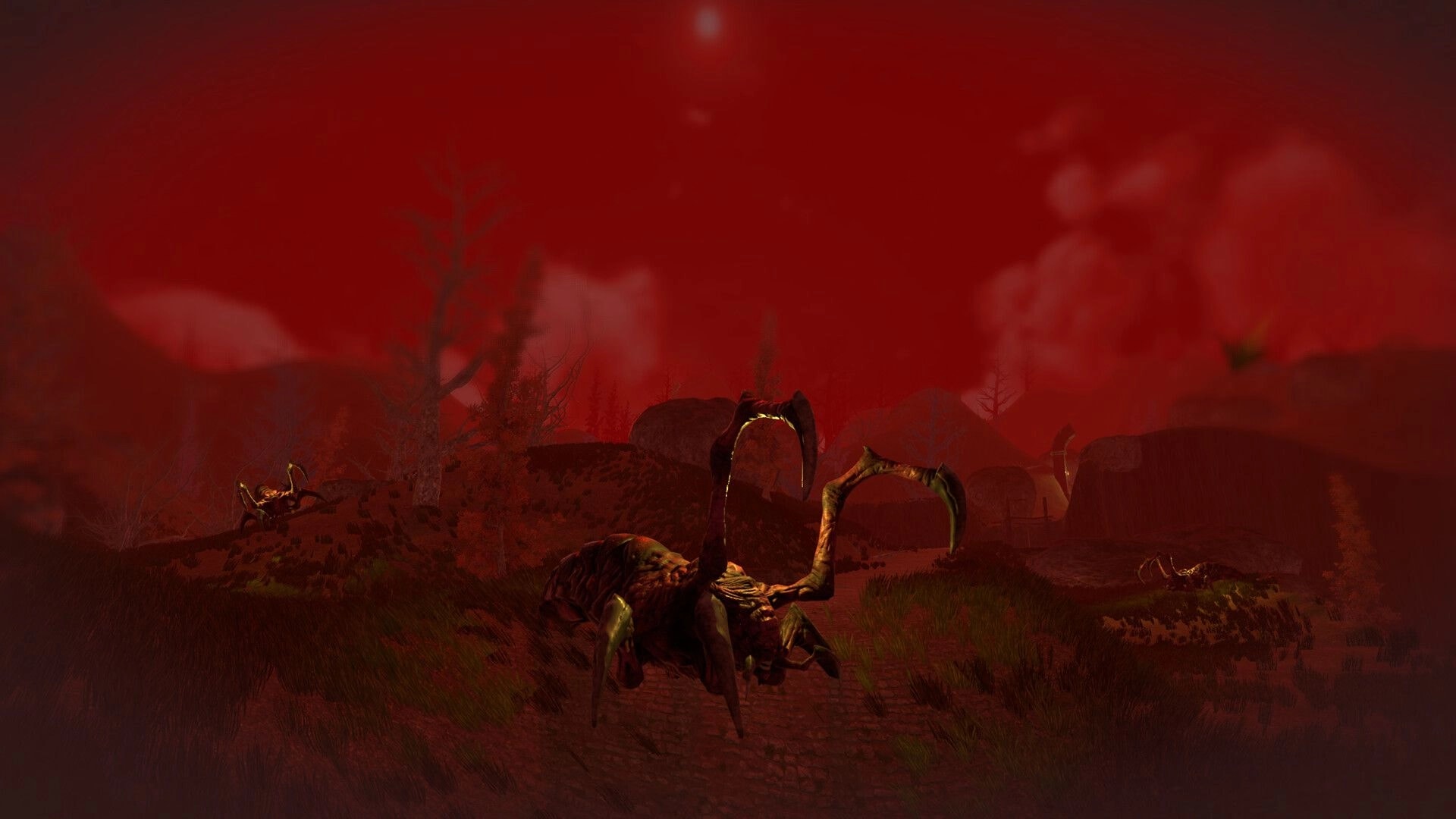 The Longest Tale: Giant scorpion-like creatures roam a desolate landscape under a blood-red sky.