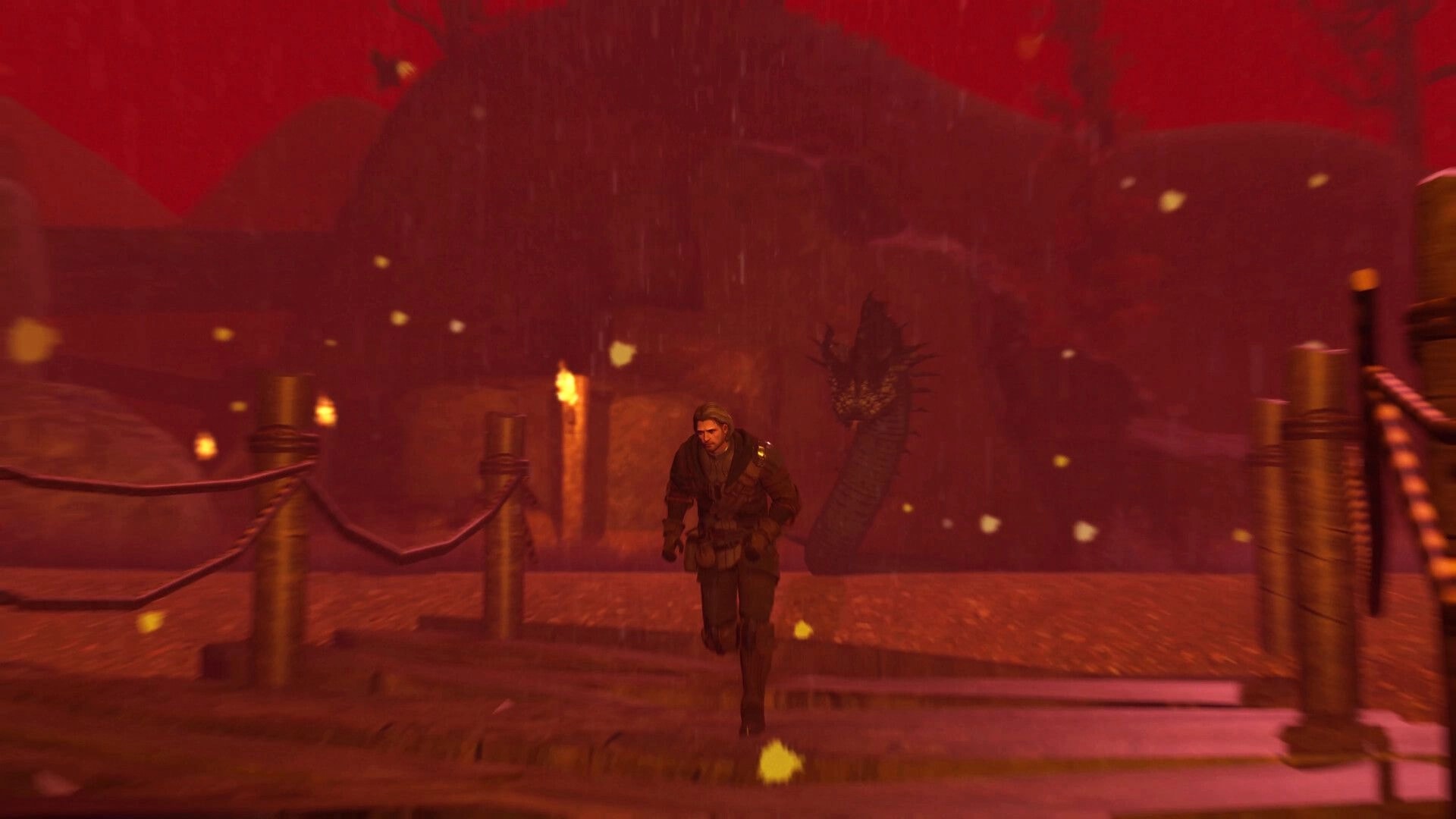 The Longest Tale: Hero runs on a wooden bridge in fiery cavern with dragon lurking behind