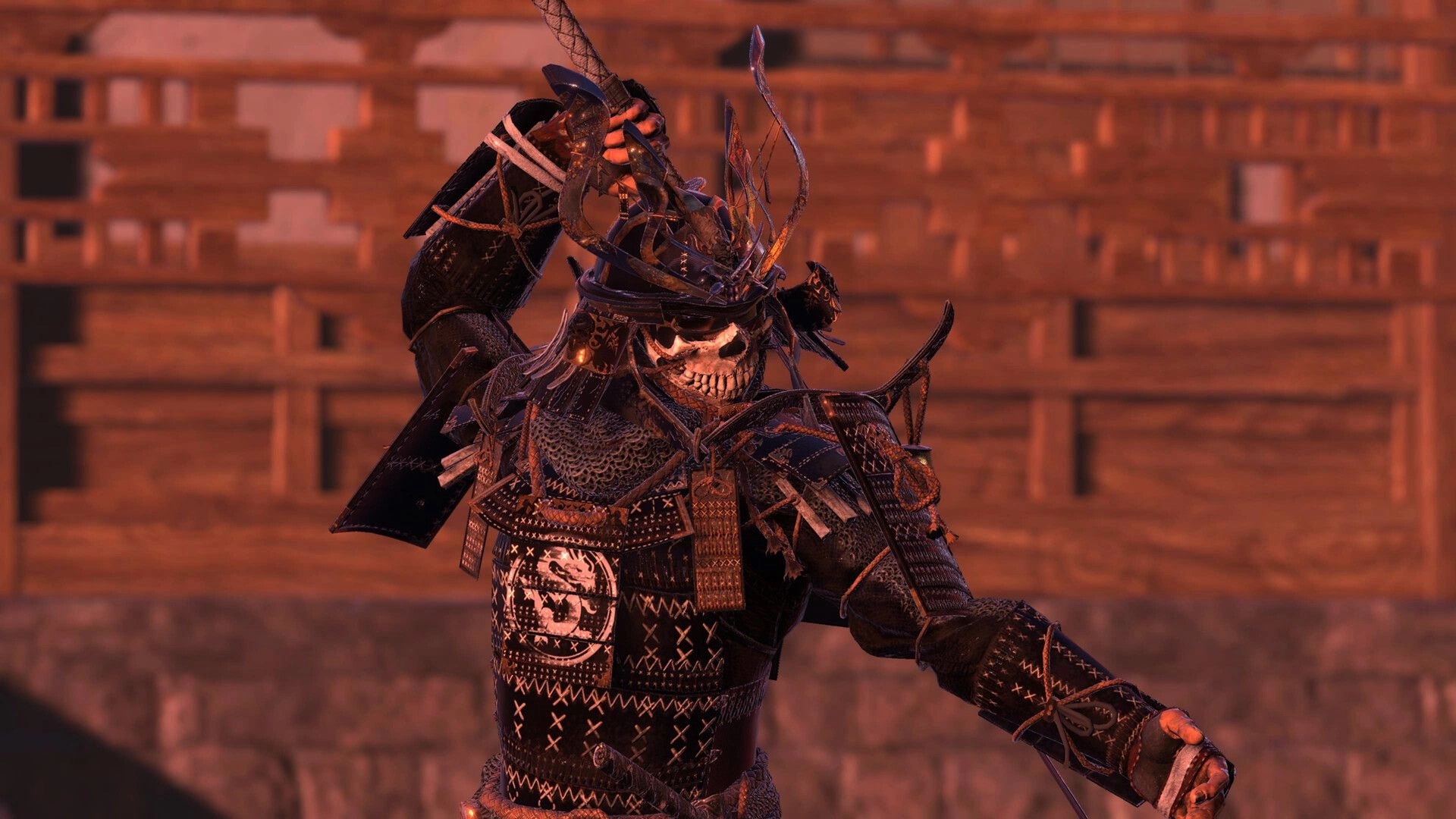 The Longest Tale: Skeletal warrior in intricate armor brandishes sword in a wooden fortress setting