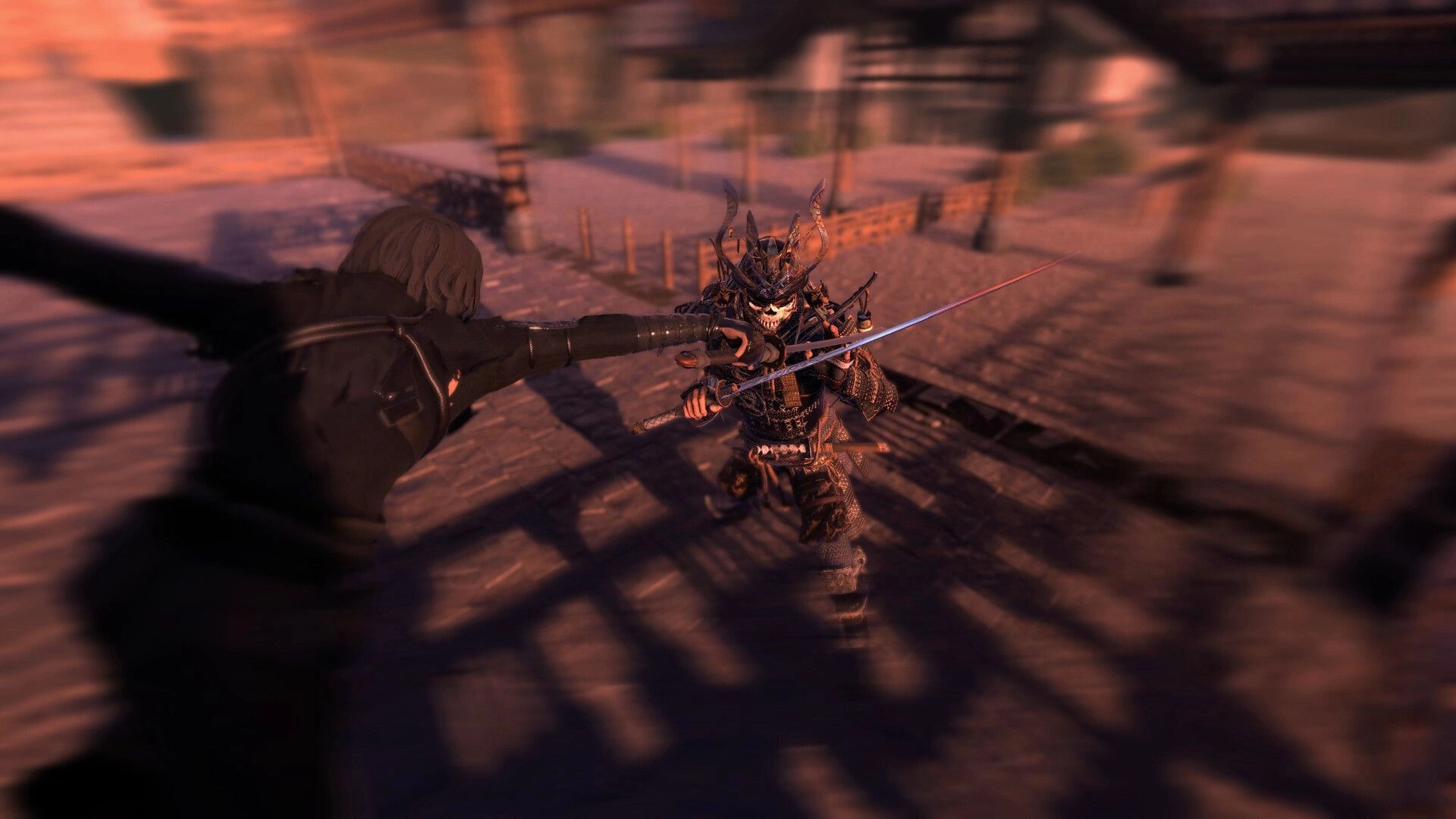 The Longest Tale: Intense sword fight between two characters in a sunlit village setting