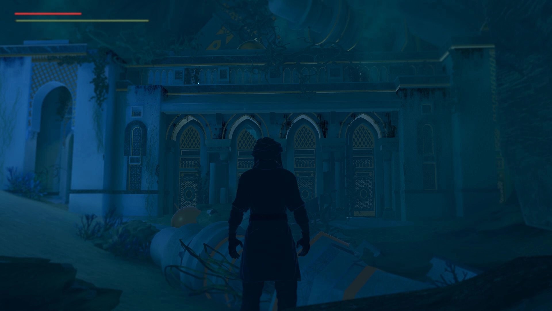 The Longest Tale: Hero approaches grand ancient temple under a dark, mysterious sky