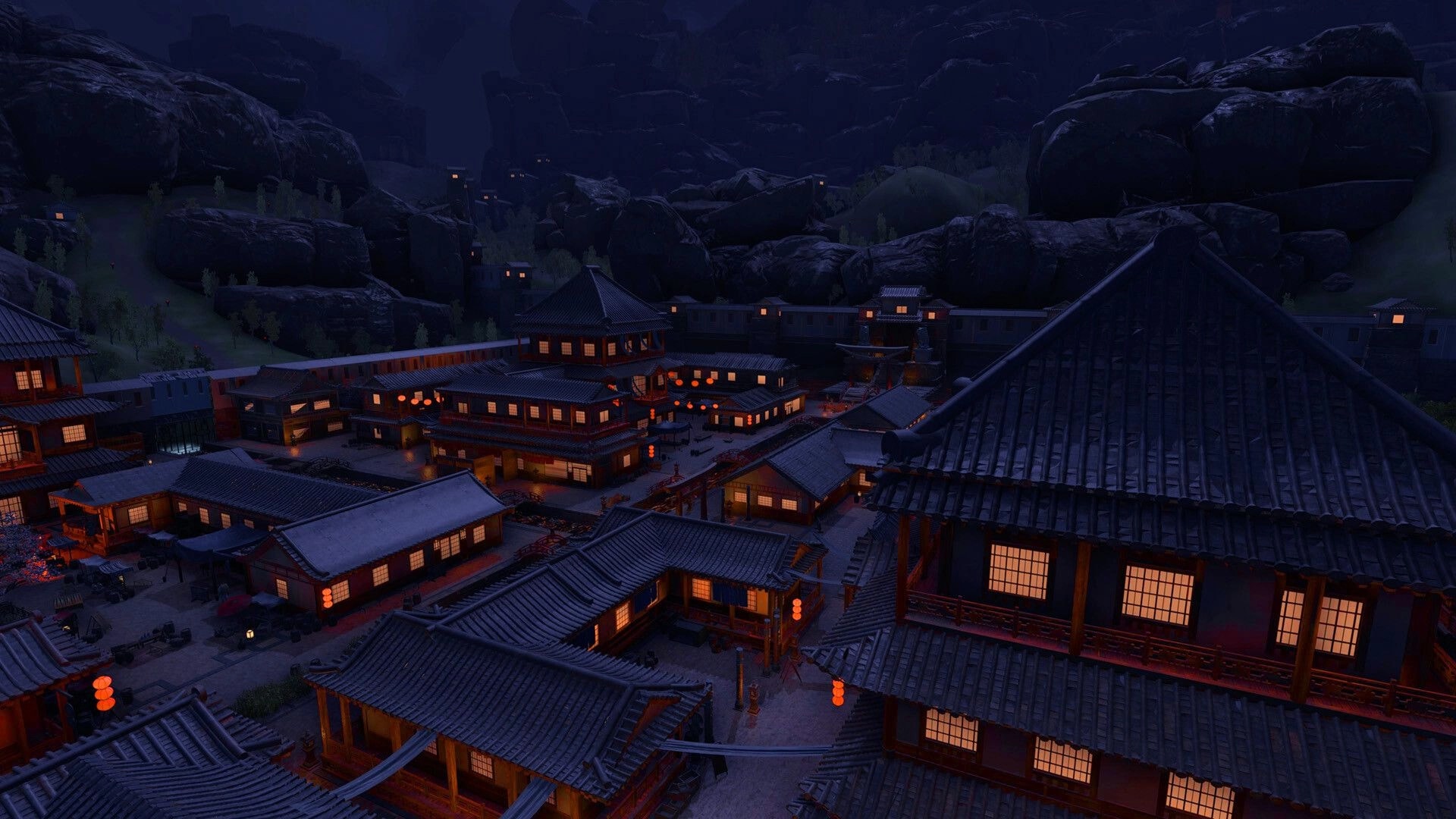 The Longest Tale: Nighttime village scene with illuminated houses and distant rocky mountains