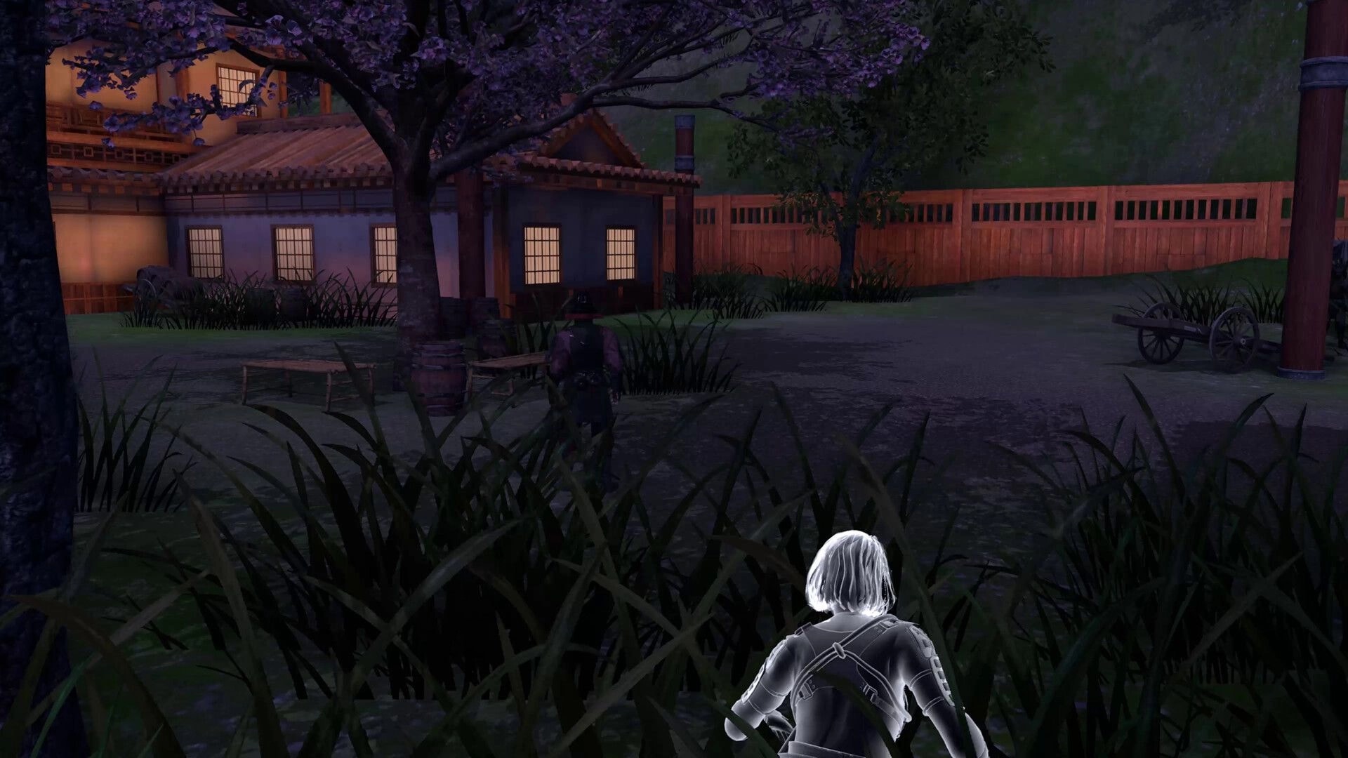 The Longest Tale: Stealth approach in a dimly lit garden near a traditional house under a purple tree.