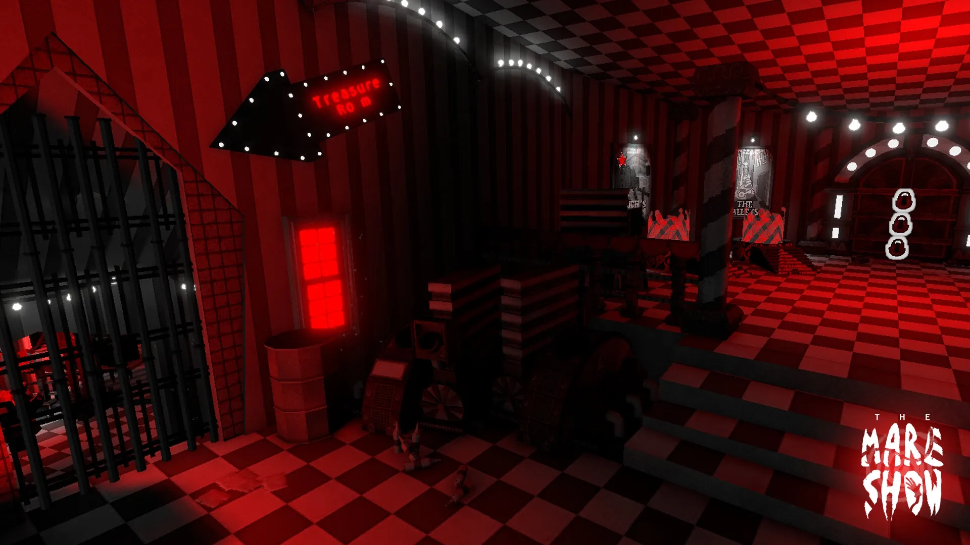The Mare Show: Eerie circus hall with red lighting, barred gate, and a "Treasure Room" sign pointing left.