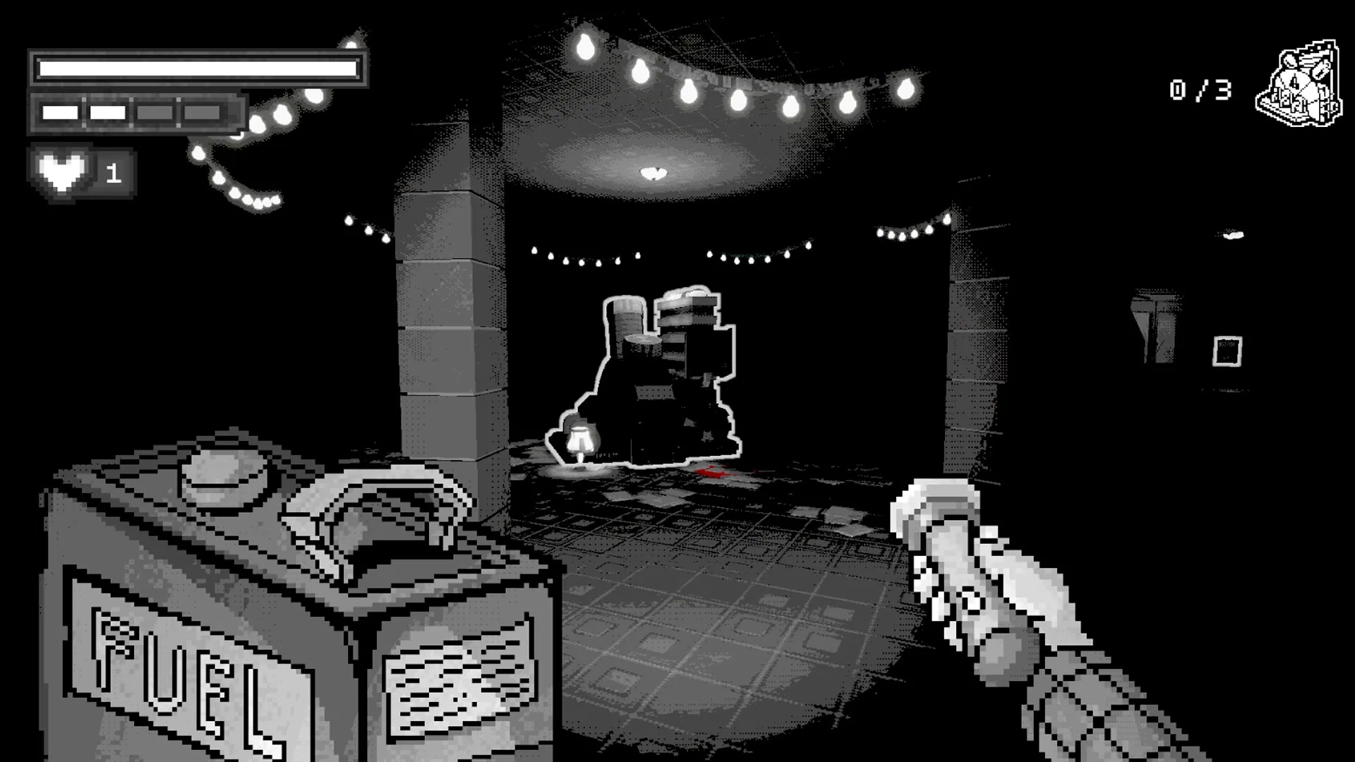 The Mare Show: First-person view with player holding lantern in dimly lit corridor with lit string lights