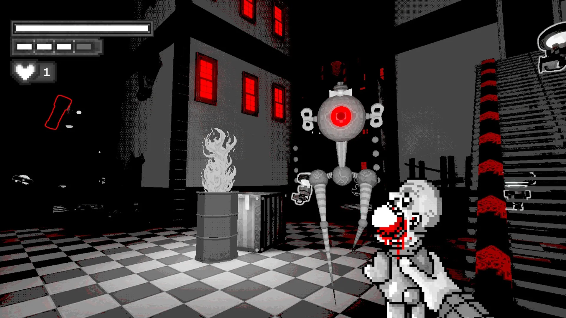 The Mare Show: Player encounters a robot monster in a red-lit hallway with health bar and heart icon.