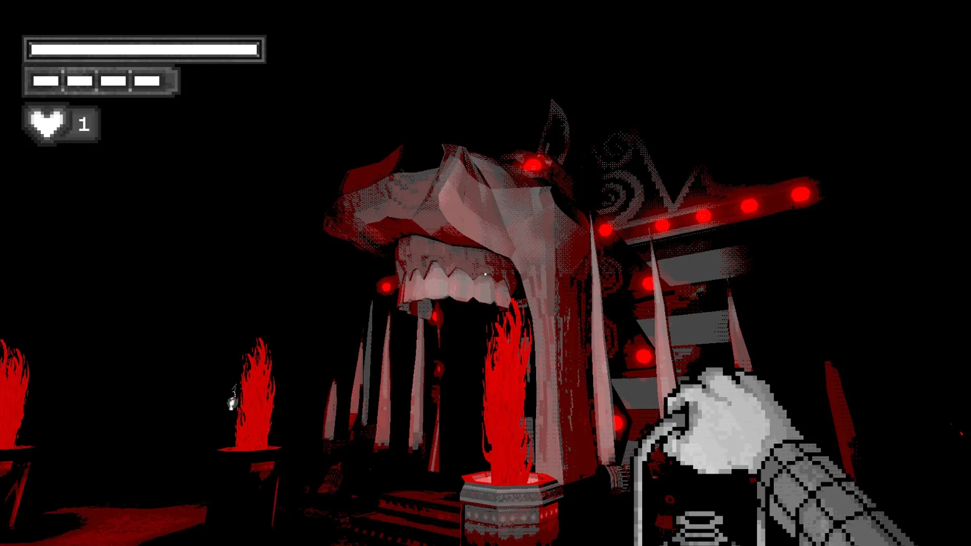 The Mare Show: Player approaches a giant wolf head entrance with red lights and fiery torches