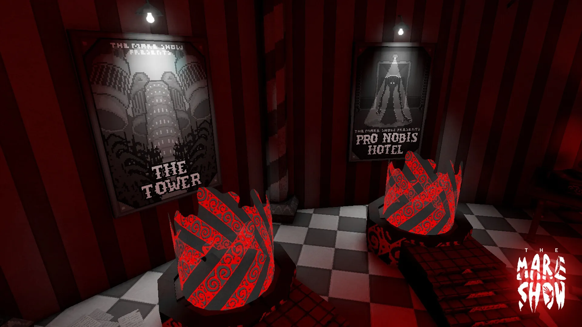 The Mare Show: Two eerie posters in a dimly lit, red-striped room with glowing red patterns on the floor