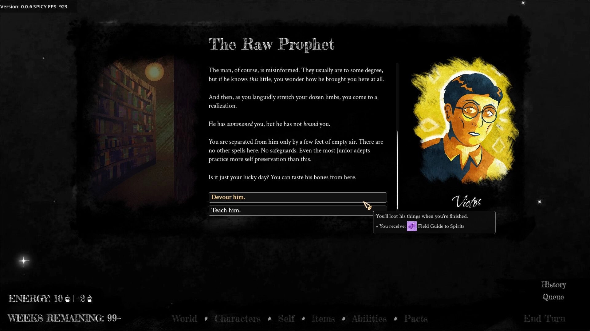 The Matter of Being: Narrative choice screen with Victor portrait and Devour/Teach options in study.