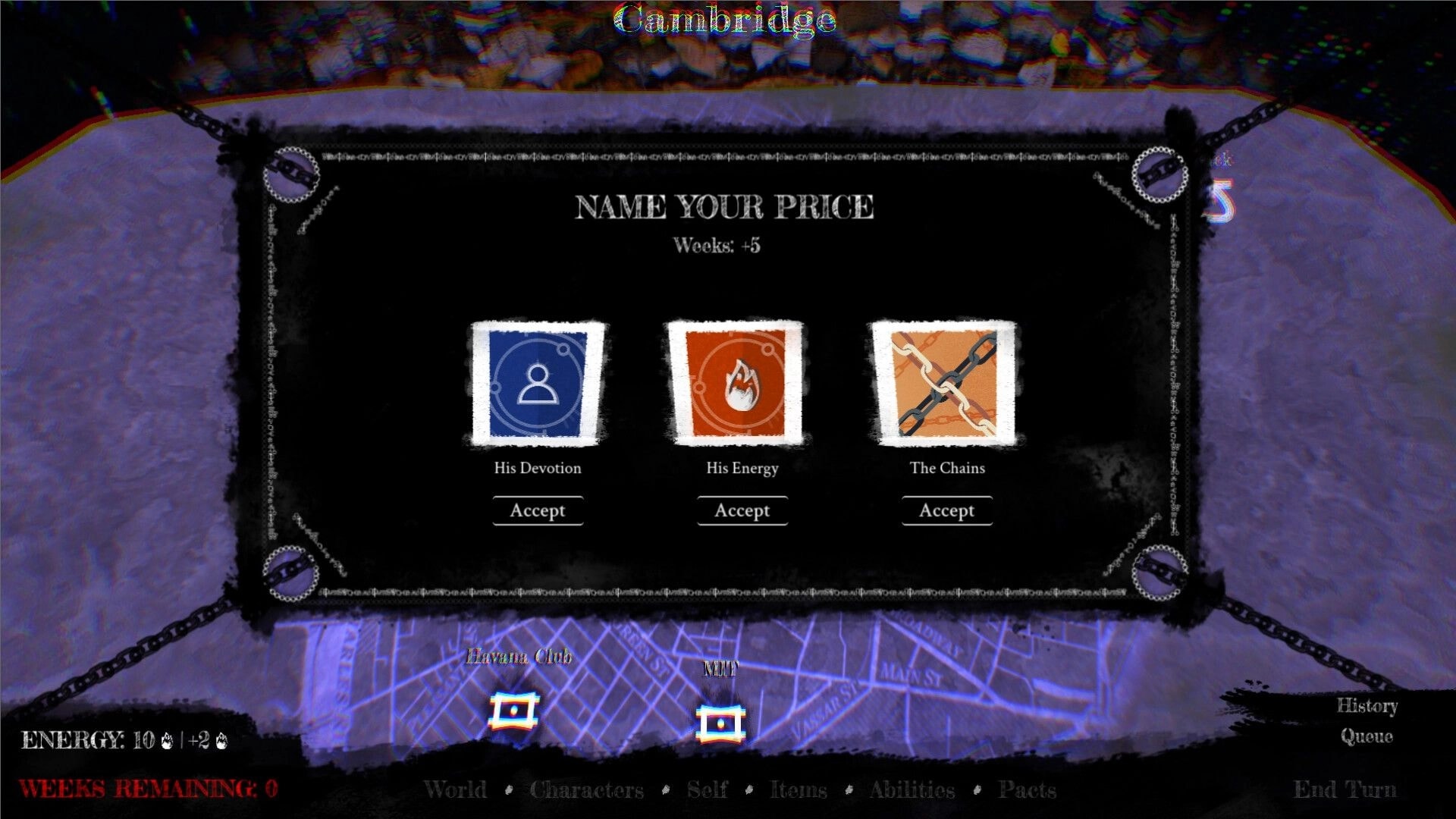 The Matter of Being: "Name Your Price" pact menu over Cambridge map with three Accept options.