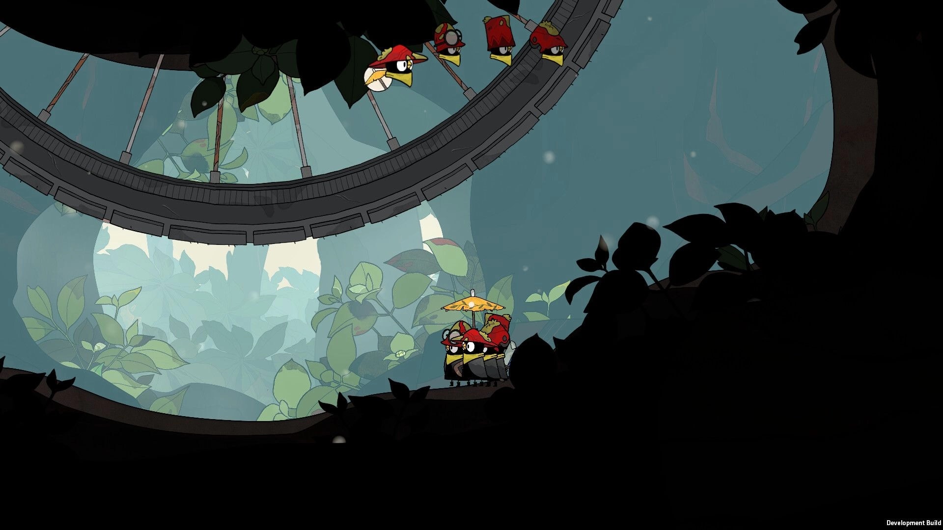 The Merlies: Bird squad marches under a leaf umbrella through a misty jungle beneath a rail loop.