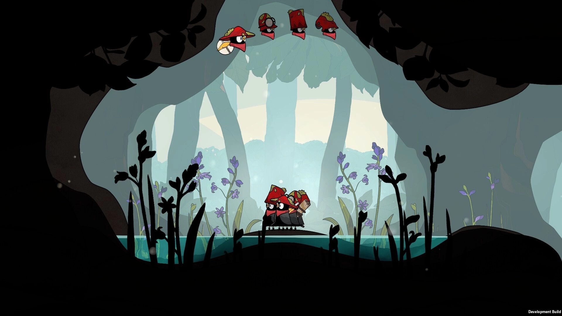 The Merlies: Bird squad rides a small cart through a shadowy cave with purple flowers and misty trees.