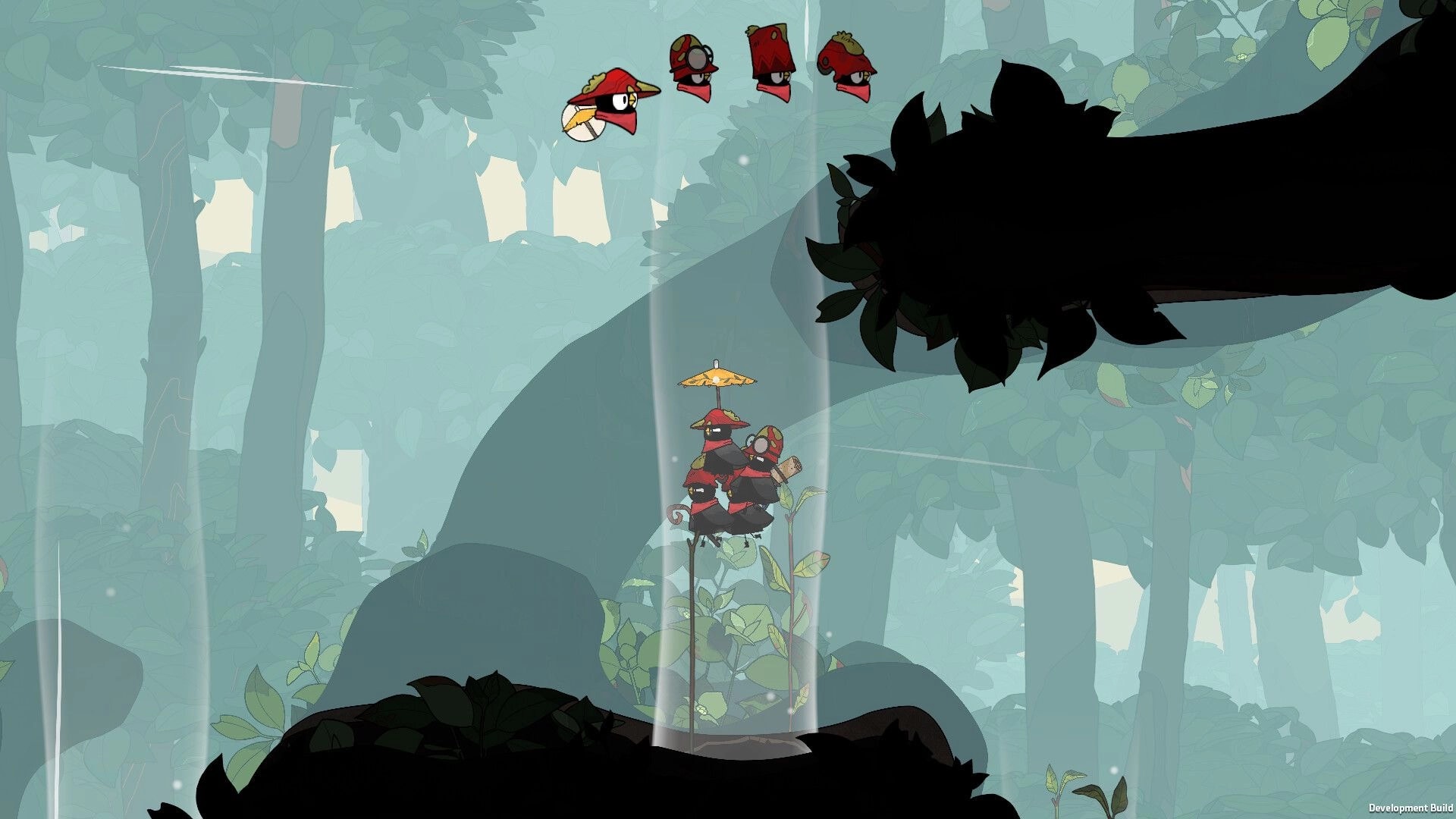 The Merlies: Bird squad glides with umbrella through misty forest canopy, party icons overhead.