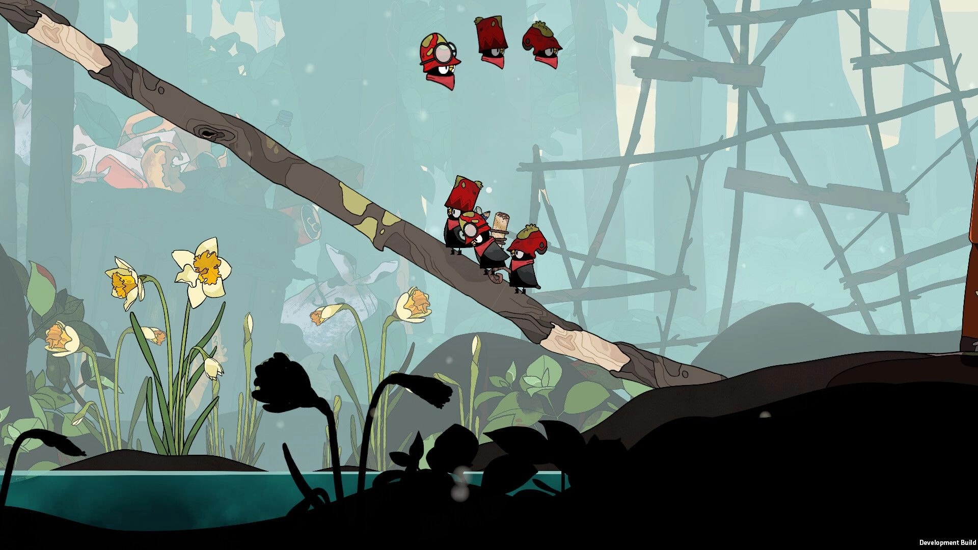 The Merlies: Bird squad crosses a fallen log in misty ruins, with floating character icons above.