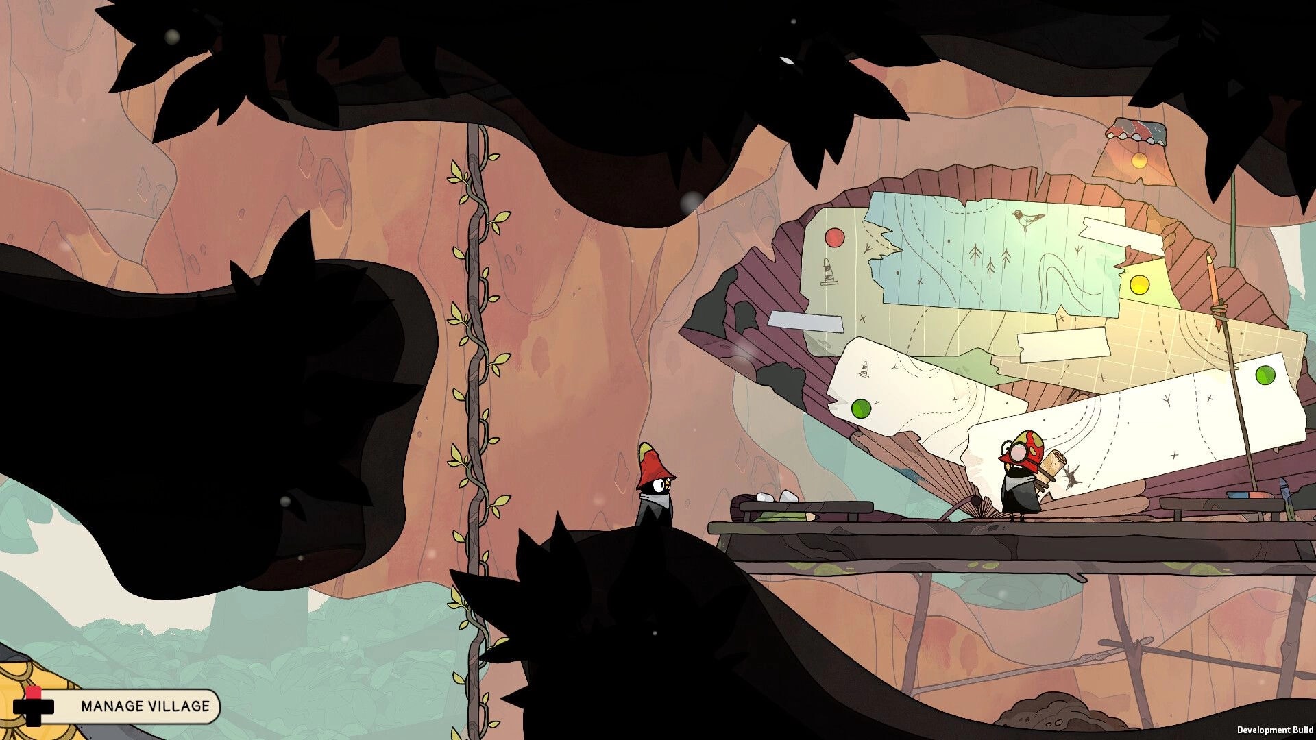 The Merlies: Two bird characters on a cliff platform by a pinned map board and Manage Village UI.