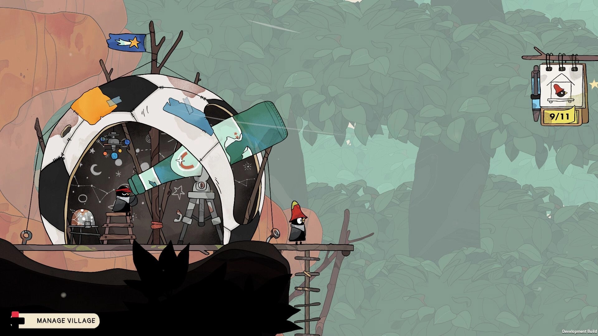 The Merlies: Bird villager by a patchwork dome home, manage village button and 9/11 journal UI.