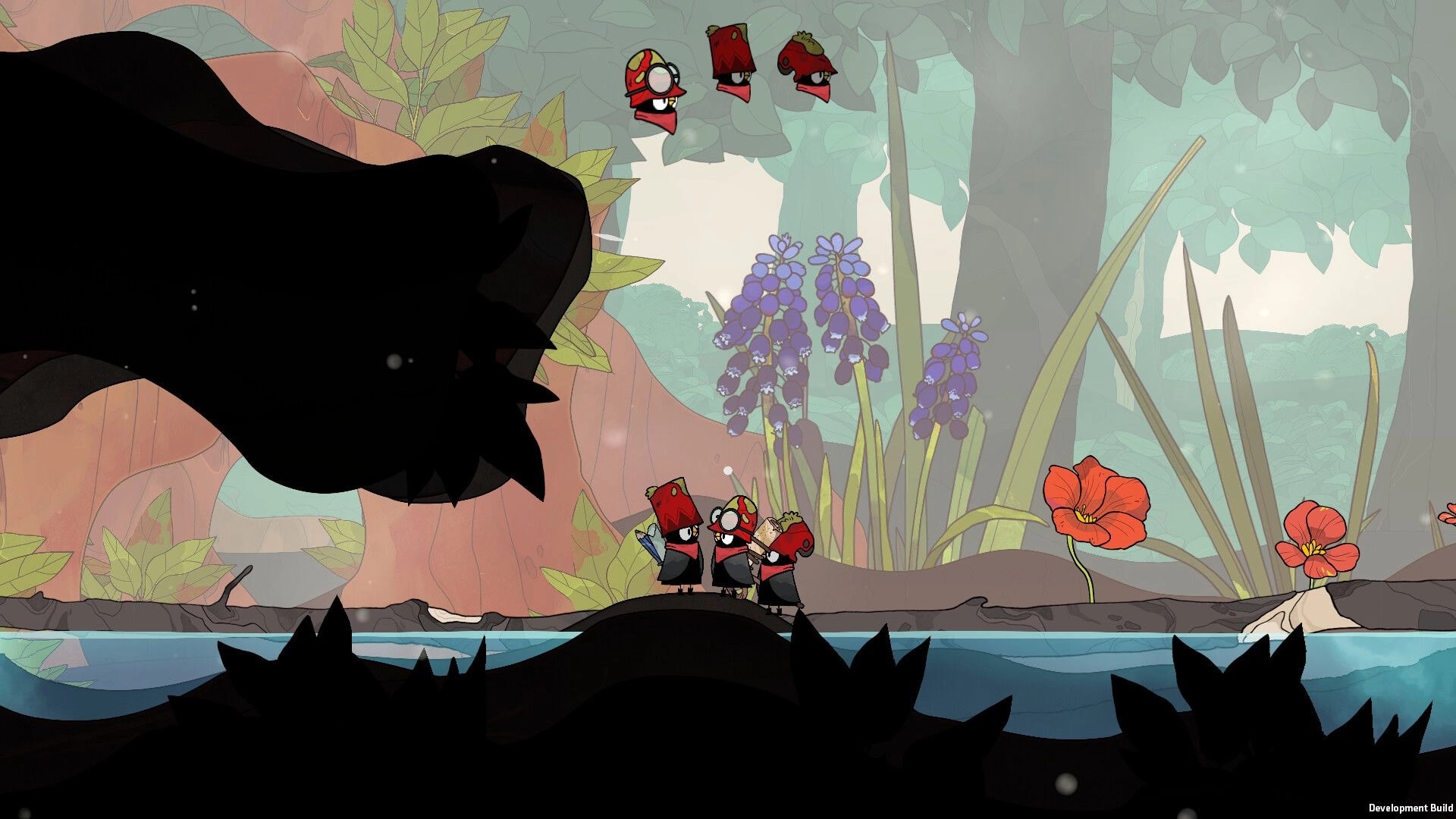 The Merlies: Three red-hooded bird explorers by a stream in lush forest, squad icons overhead.