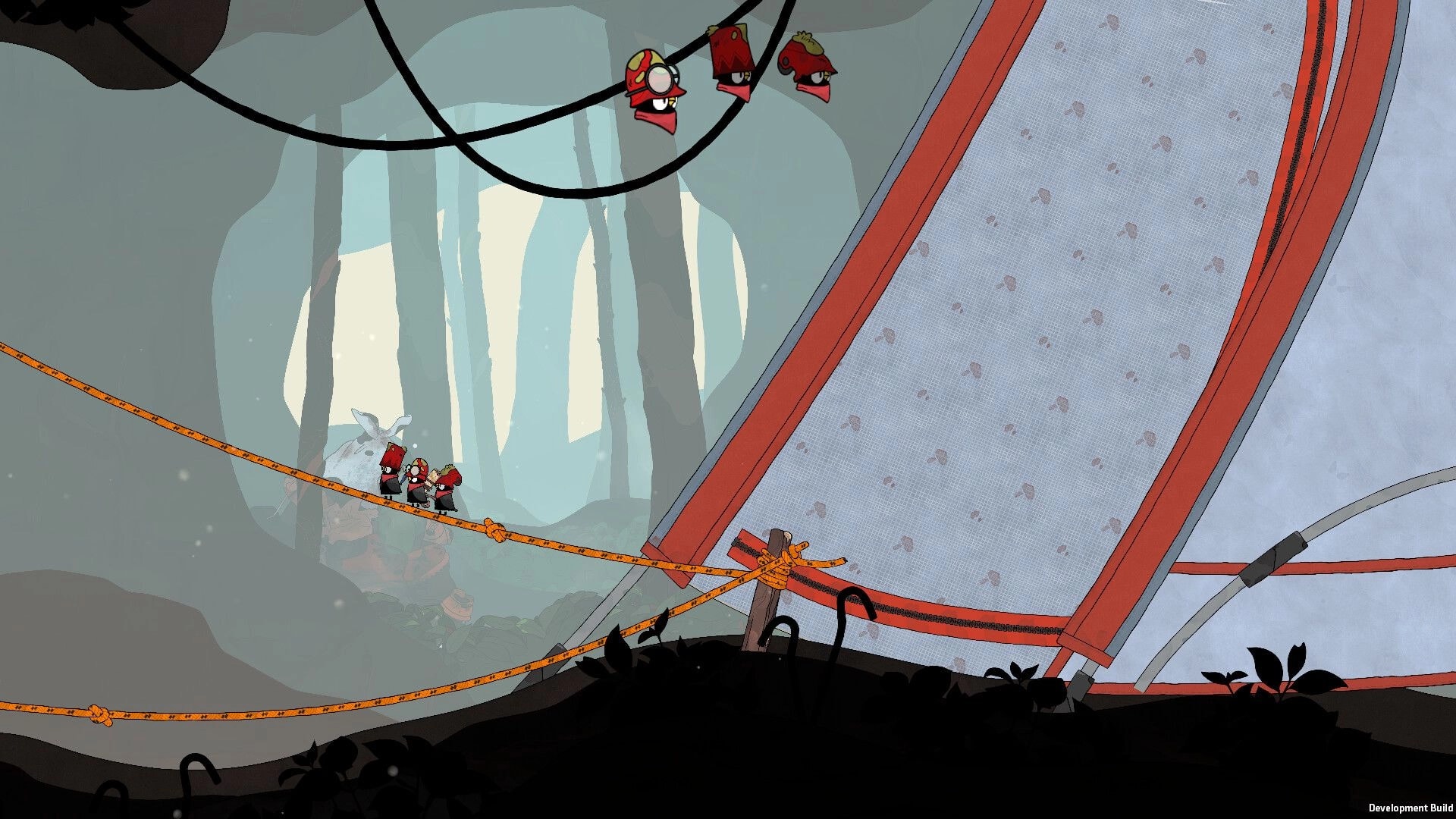 The Merlies: Bird squad walks a rope bridge past a huge tarp wall in a misty forest ruin.