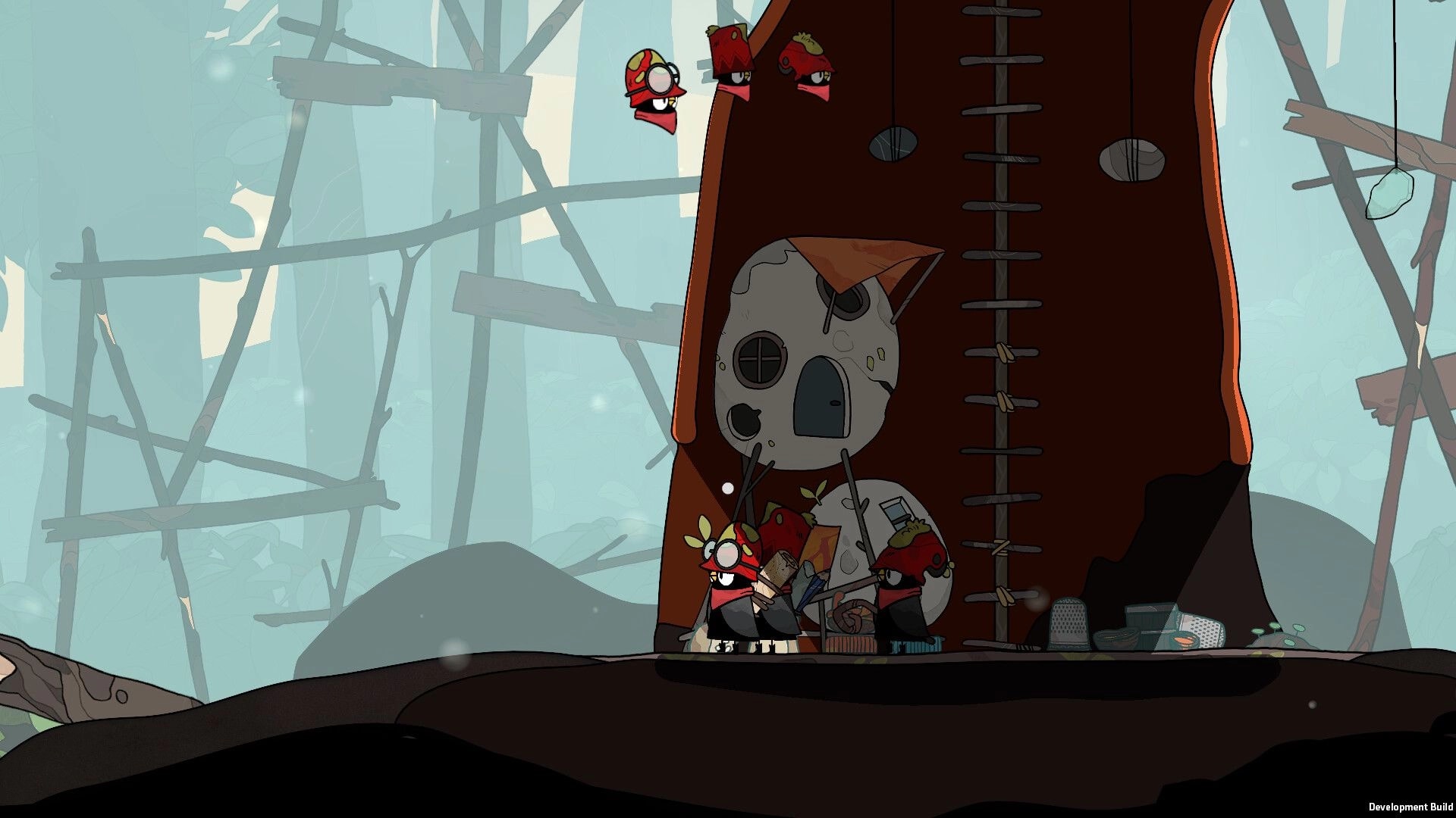 The Merlies: Bird squad gathers scraps by a stitched treehouse in a foggy ruined forest backdrop.